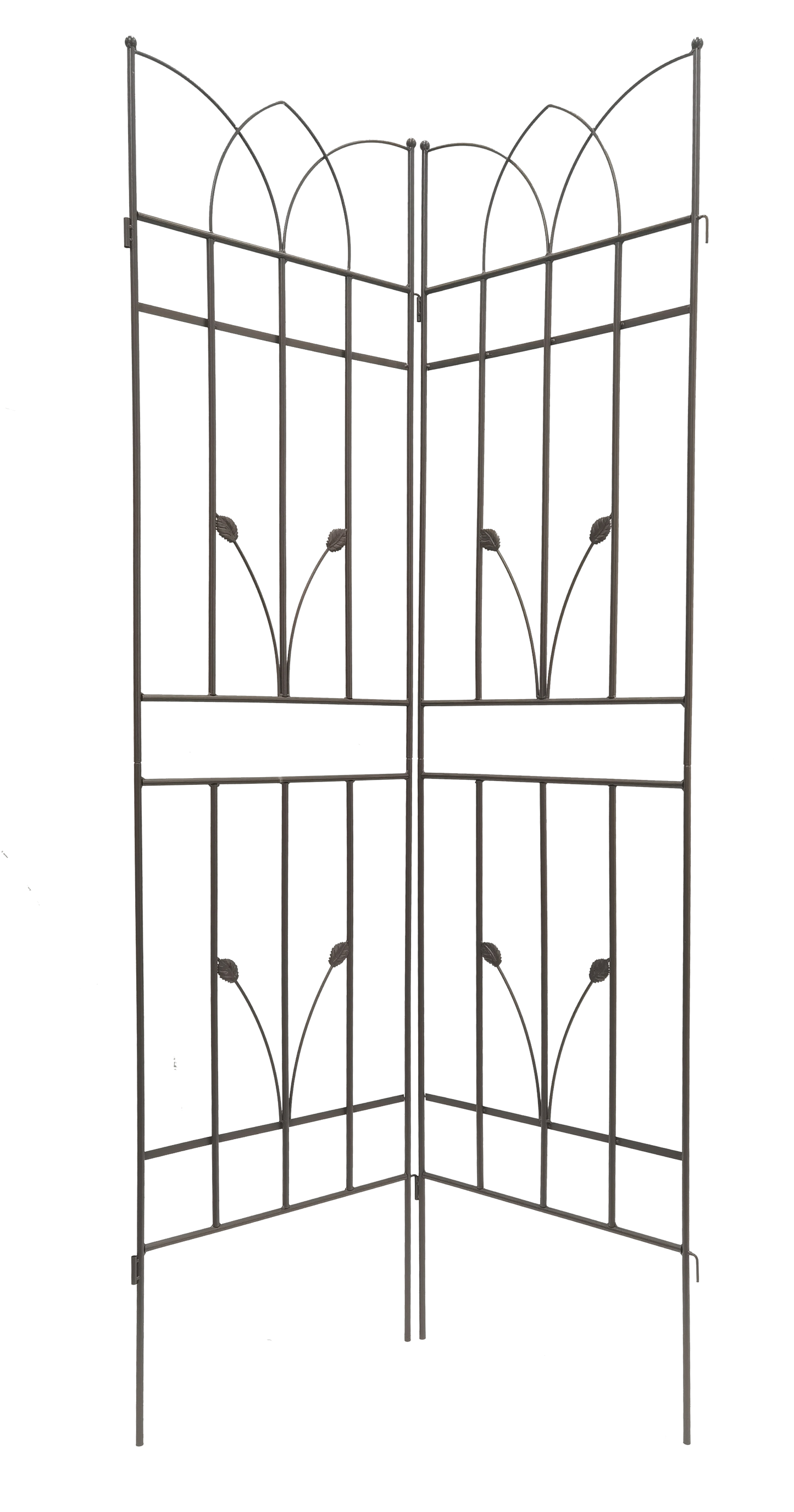 Dark gray metal garden trellis with ornate leaf accents and arched top