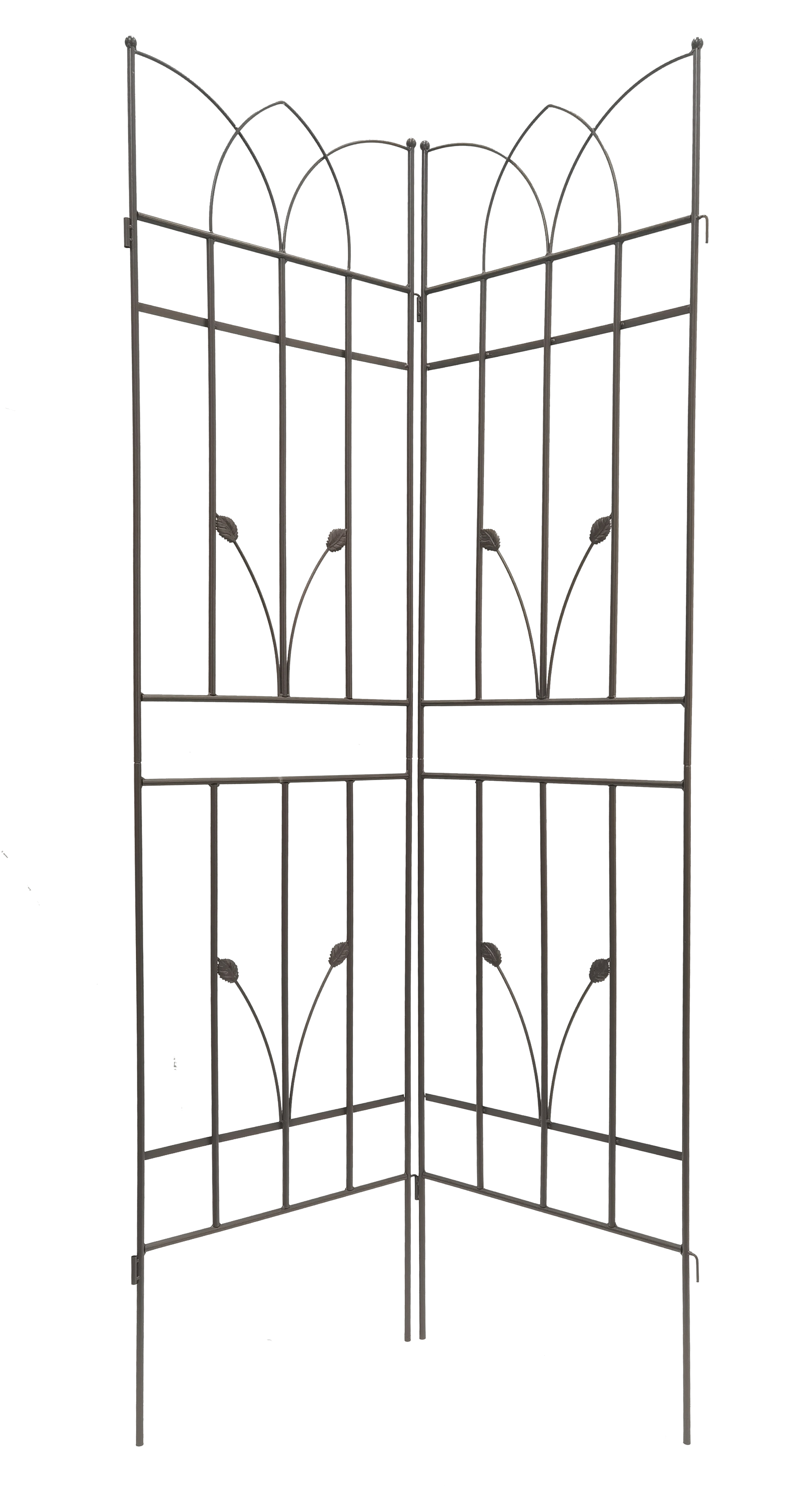 Dark gray metal garden trellis with ornate leaf accents and arched top
