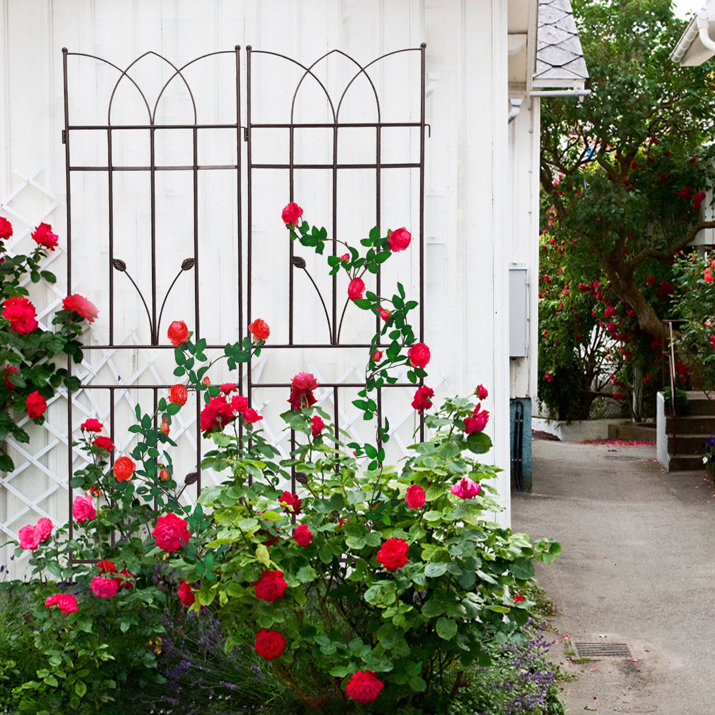 Dark metal rose trellis with climbing red roses and green leaves