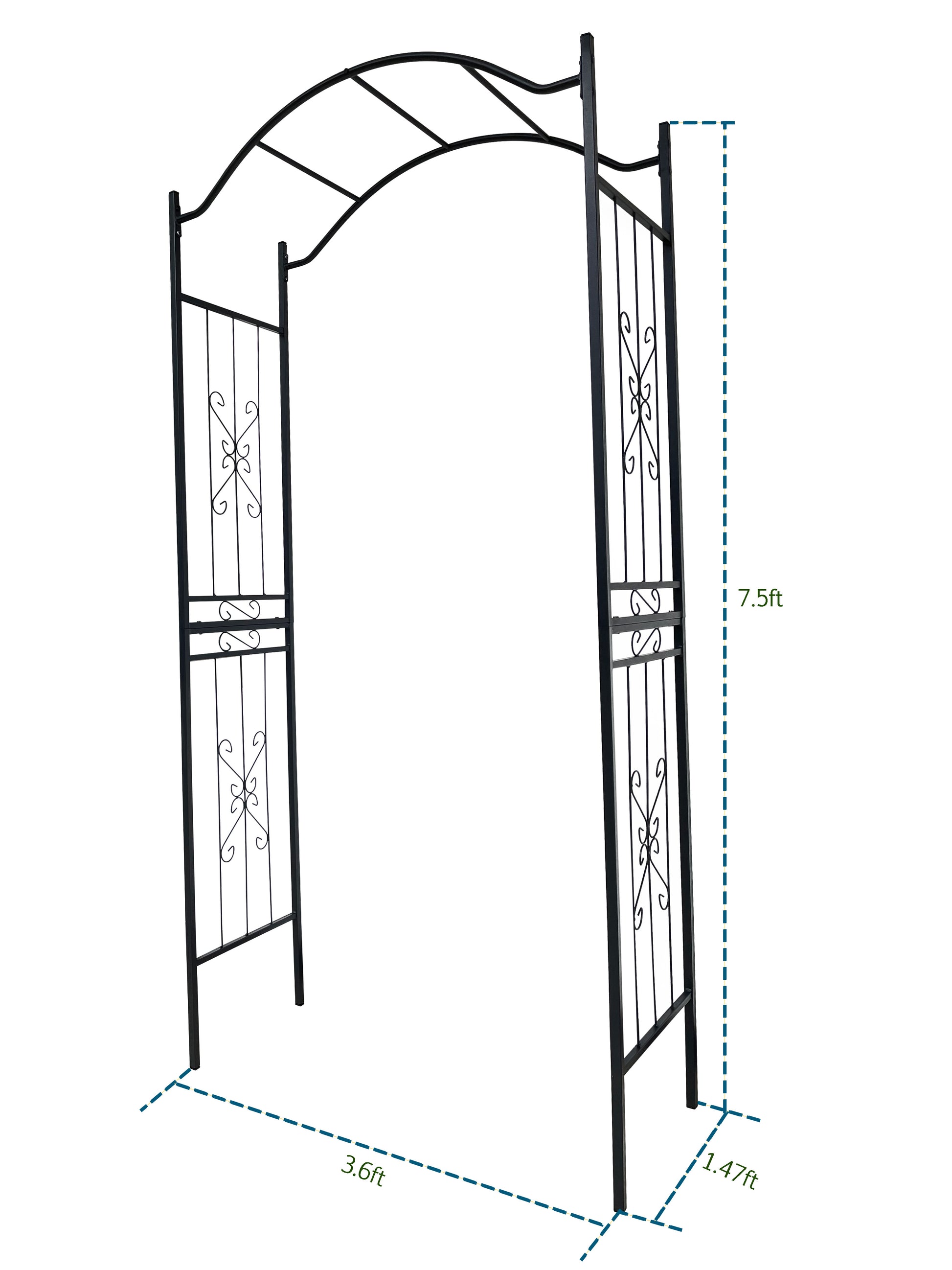 Black wrought iron garden arch with decorative scrollwork ft height