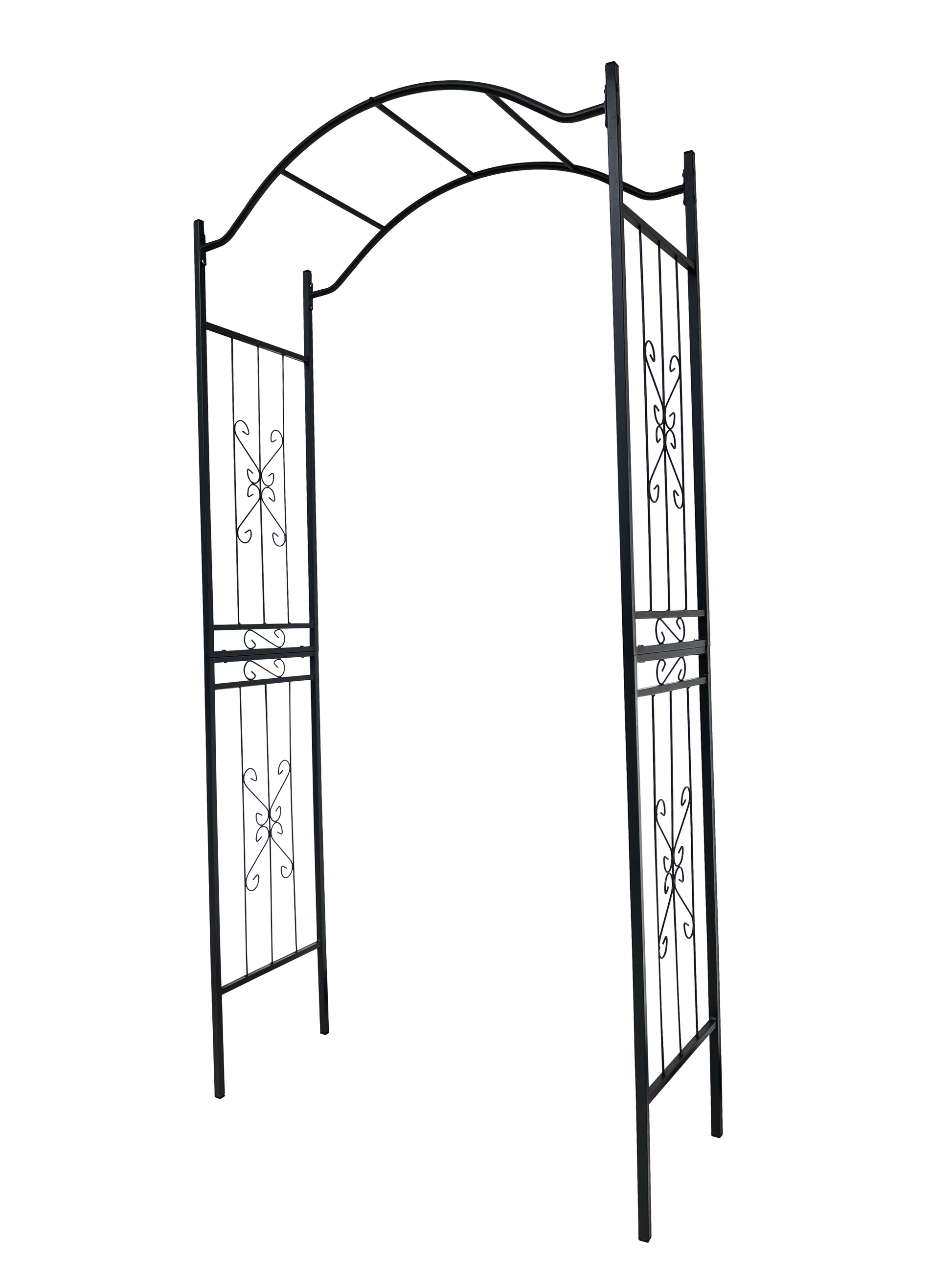 Black metal garden arch with decorative scrollwork on panels
