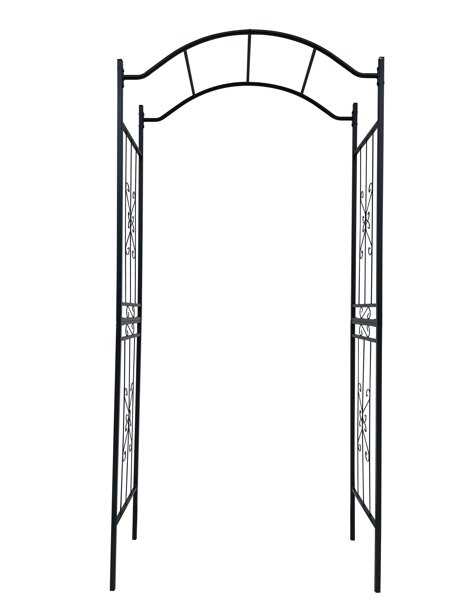 Ornate black metal garden arch with decorative scrollwork and diamond accents for a grand entrance
