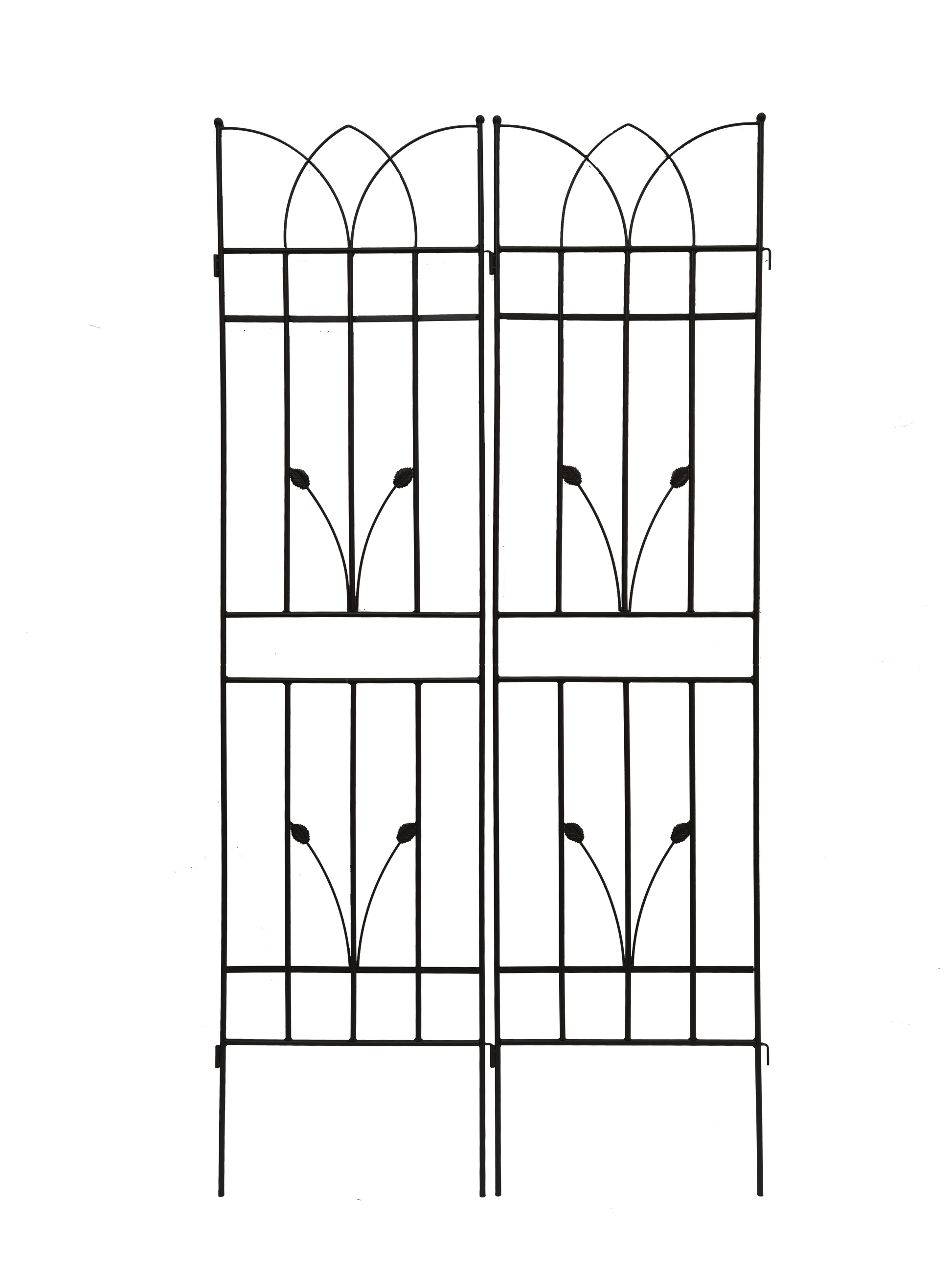 Black metal garden gate with arched top and floral accents