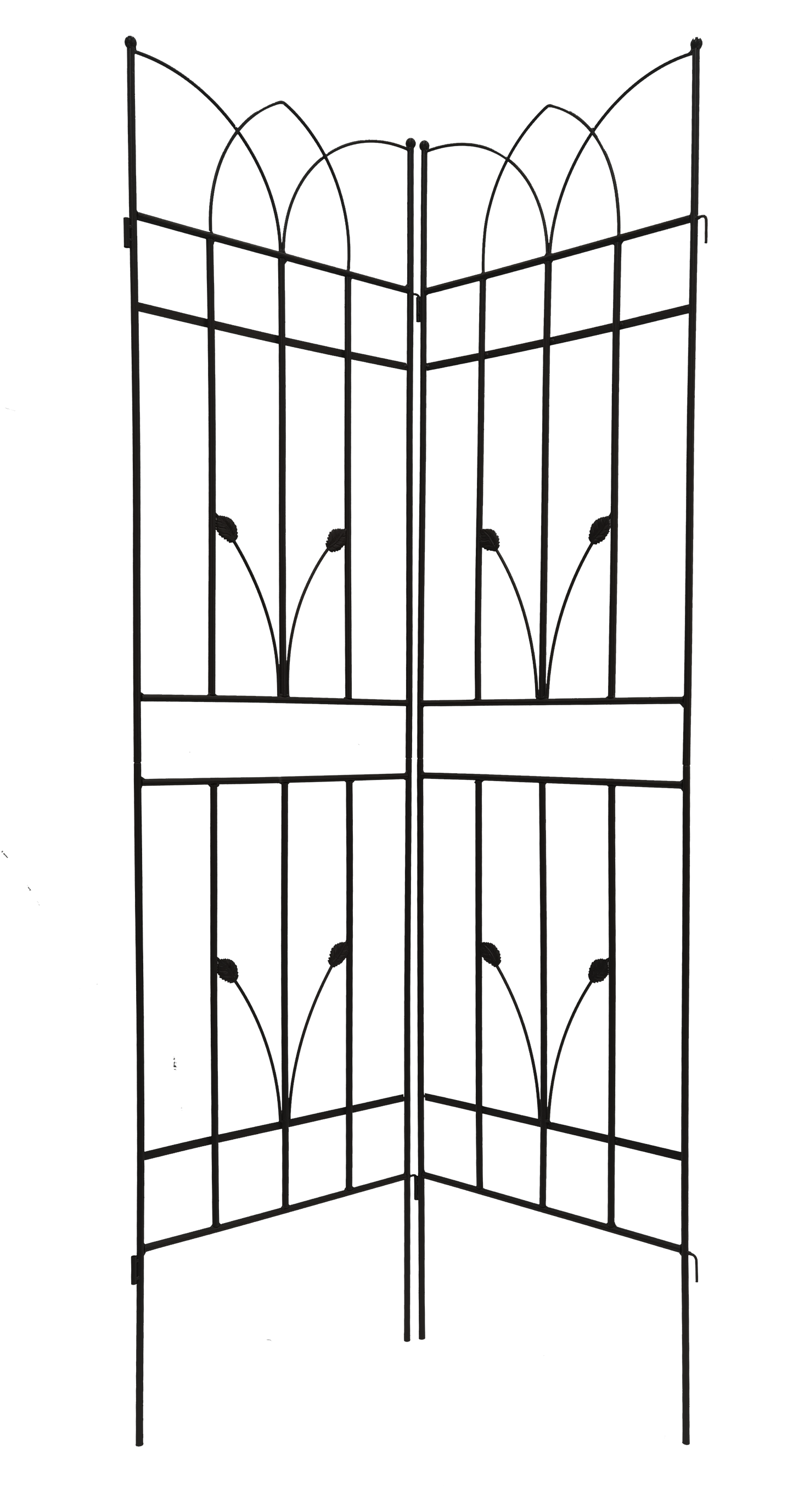 Ornate black wrought iron garden gate with leaf accents