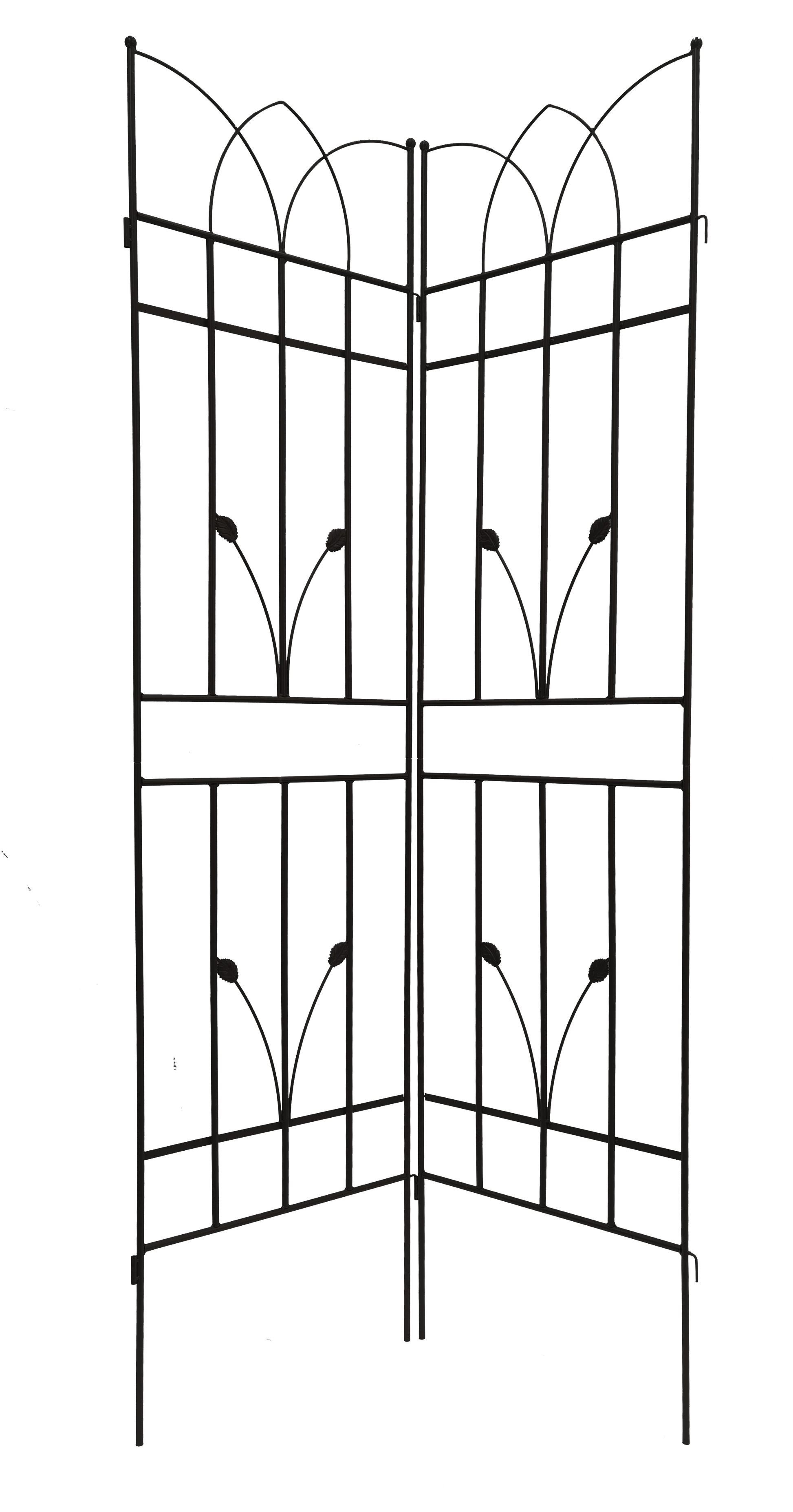 Ornate black wrought iron garden gate with leaf accents