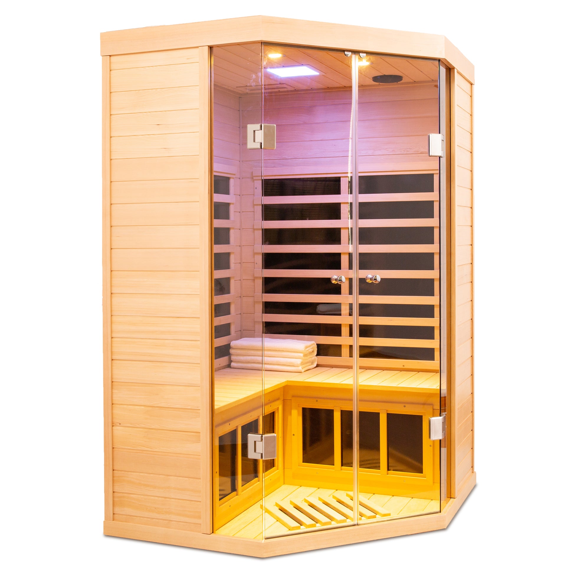 Corner infrared sauna with natural wood exterior and glass doors