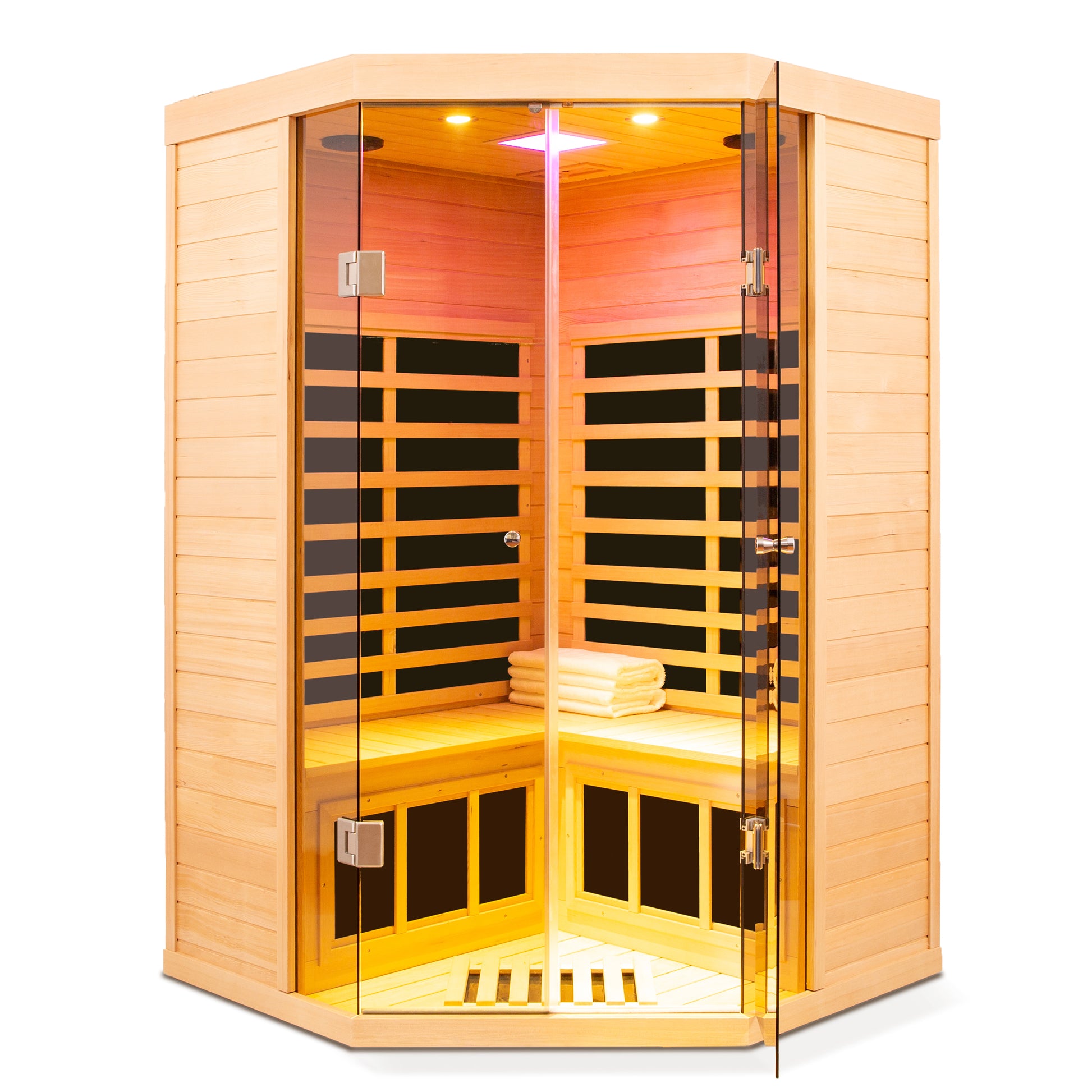 Luxurious cedar person infrared sauna with glass doors and warm interior lighting
