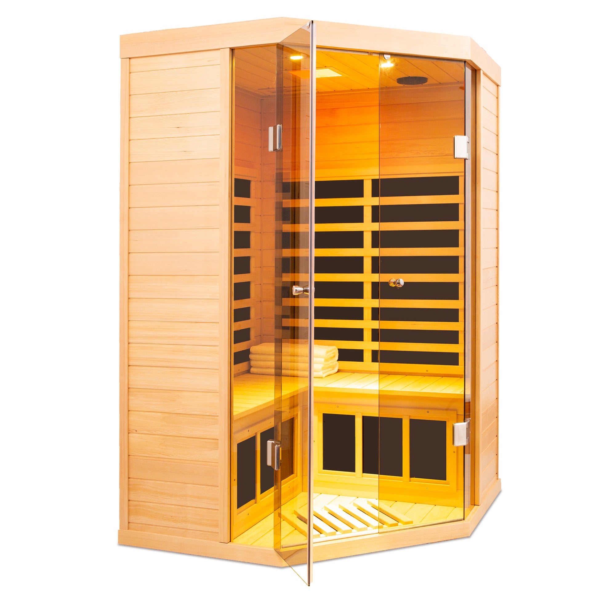 Corner infrared sauna with glass doors and wooden interior seating two people