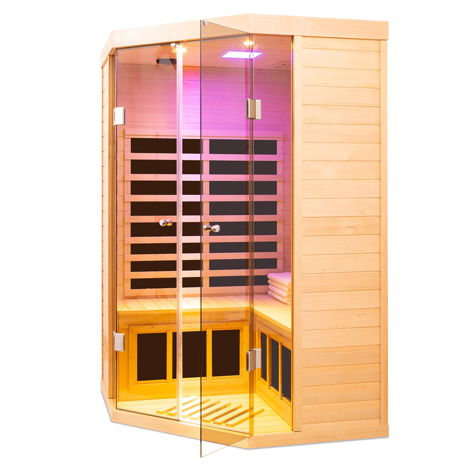 Corner infrared sauna with glass doors and wooden interior promoting relaxation