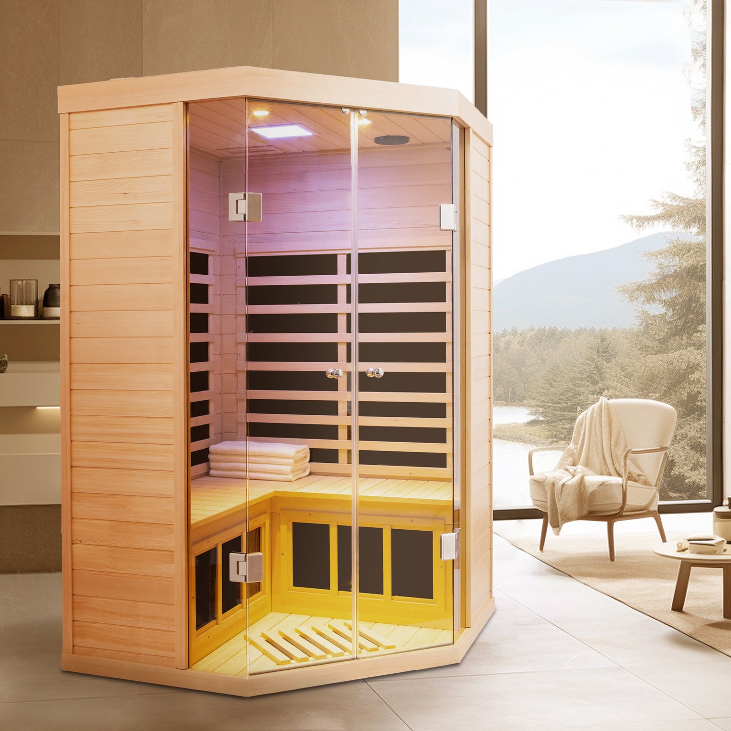 Corner infrared sauna cabin made of natural wood with glass doors and interior seating