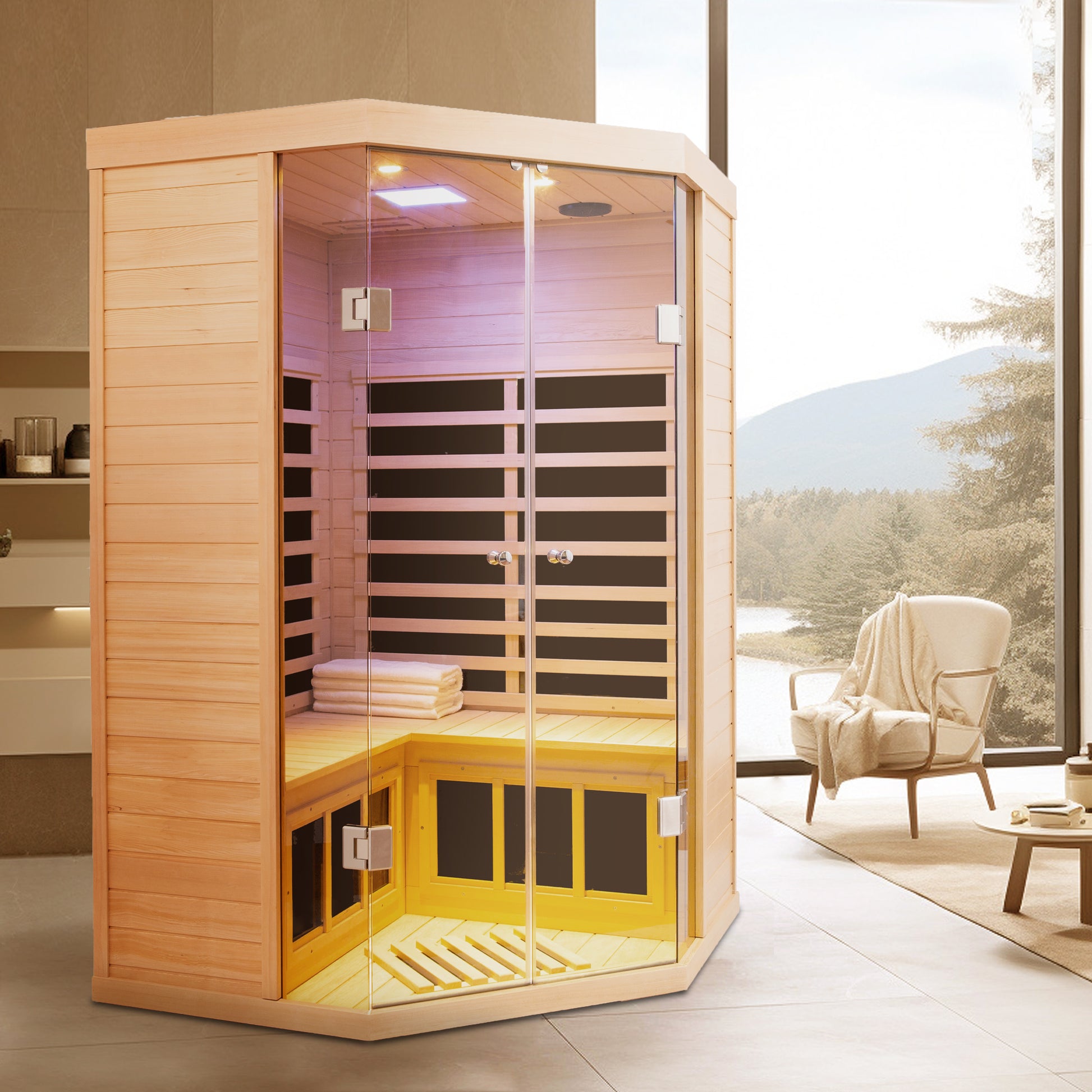 Corner infrared sauna cabin made of natural wood with glass doors and interior seating