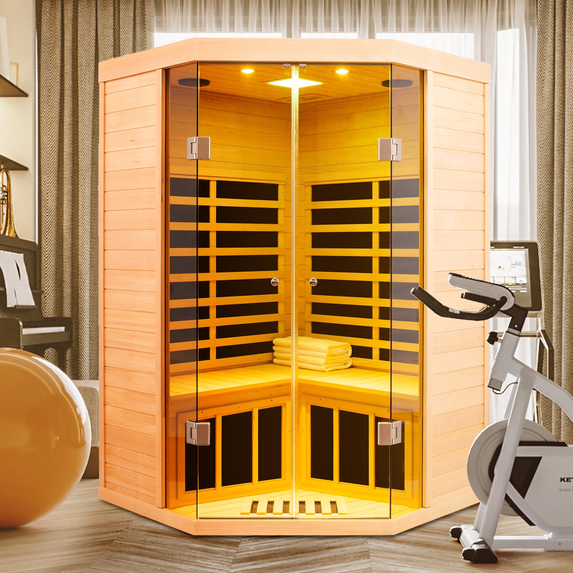 Luxurious corner infrared sauna cabin made of natural wood with glass doors ideal for home spa