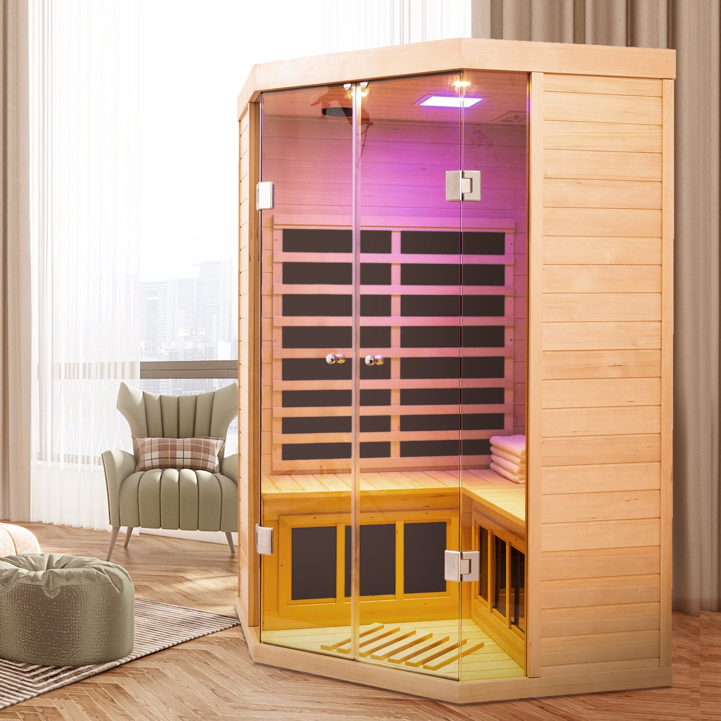 Corner glass infrared sauna with natural wood finish and purple interior lighting