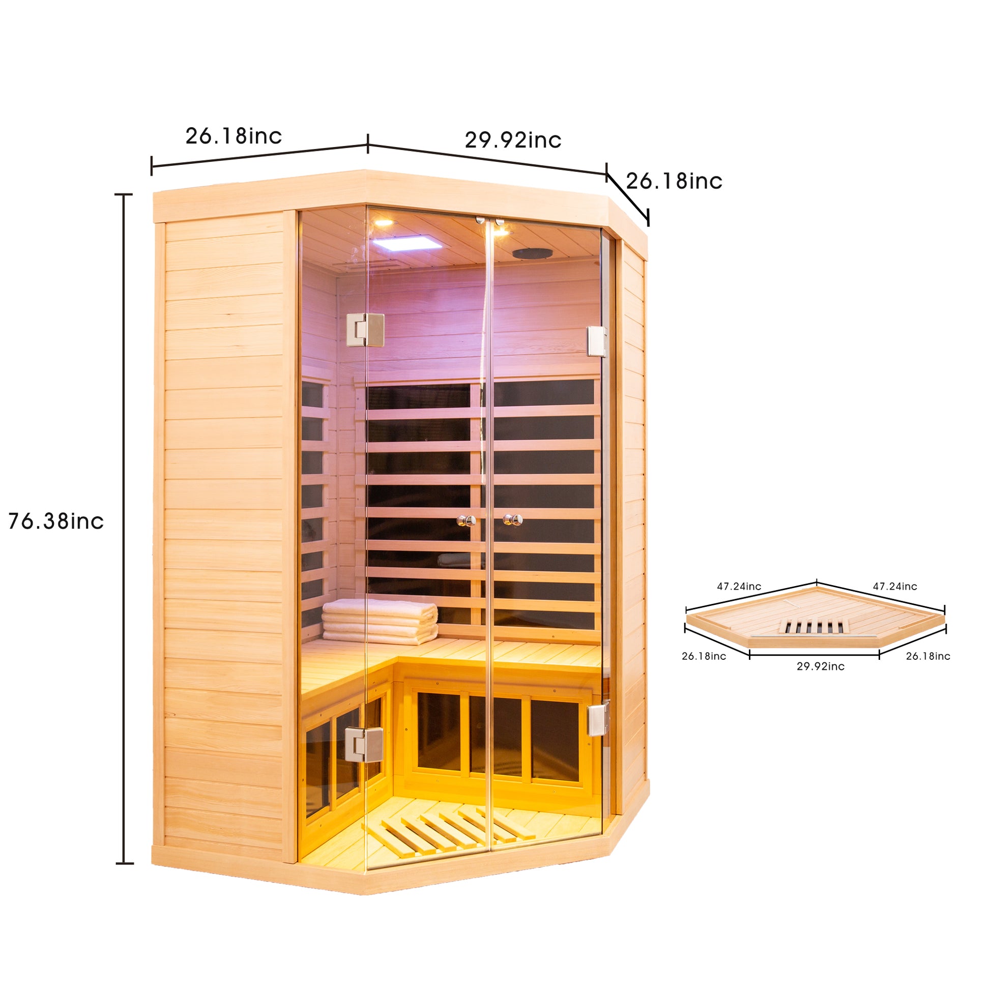 Corner infrared sauna with glass doors and natural wood interior promoting relaxation and detox