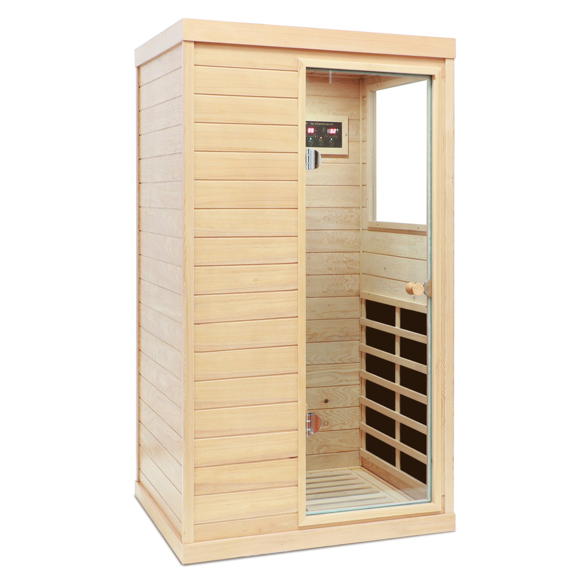 Natural wood infrared sauna cabin with glass door and digital controls for home use