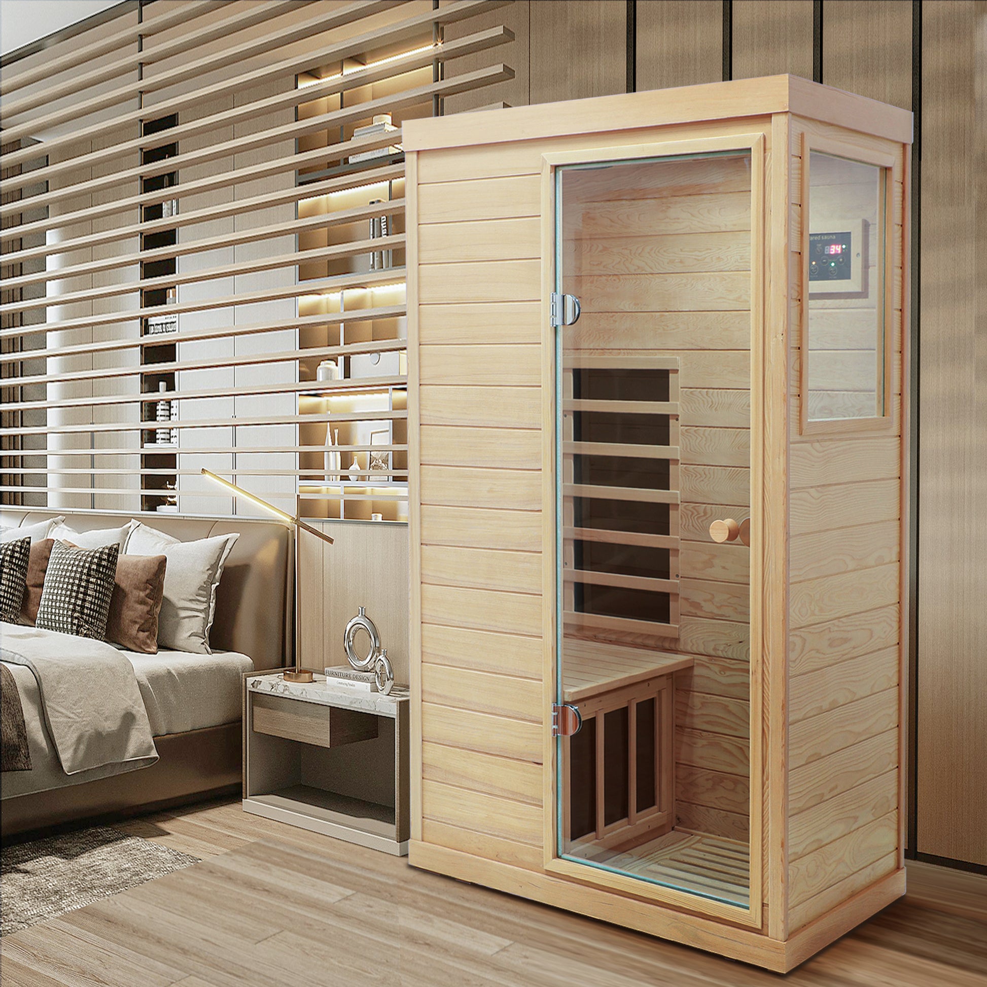 Light wood infrared sauna cabin with glass door and digital controls