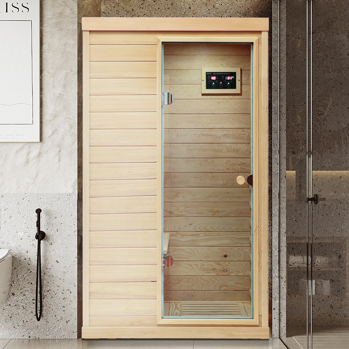 Natural wood infrared sauna cabin with glass door and digital control panel