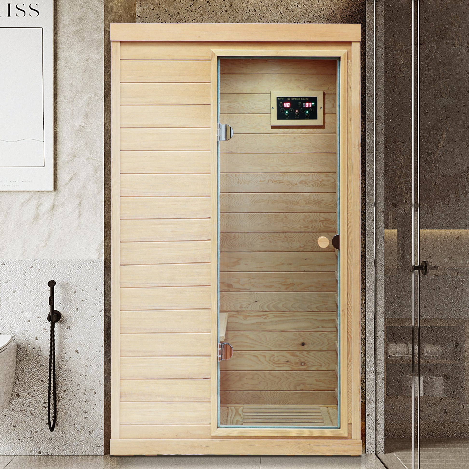 Natural wood infrared sauna cabin with glass door and digital control panel