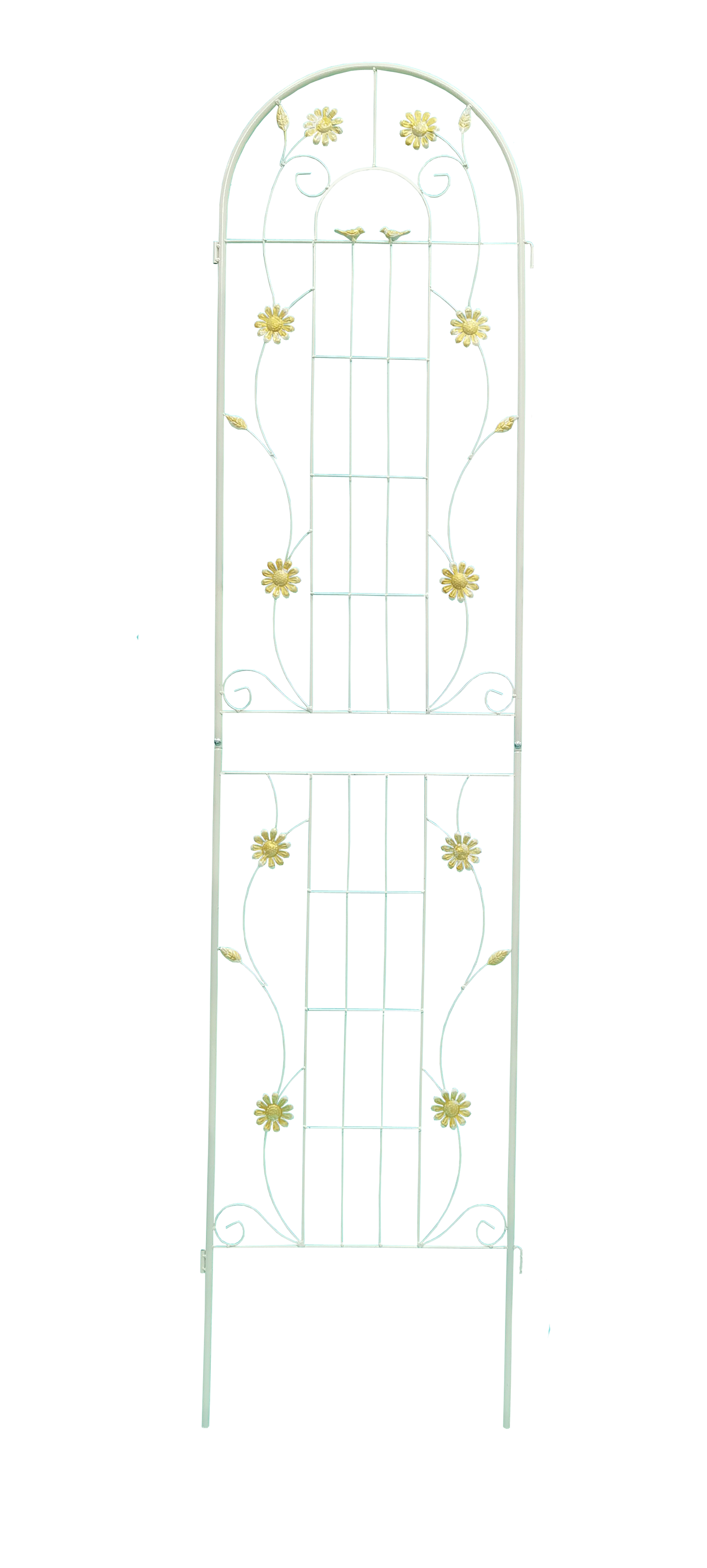 White metal garden trellis with floral accents and bird details
