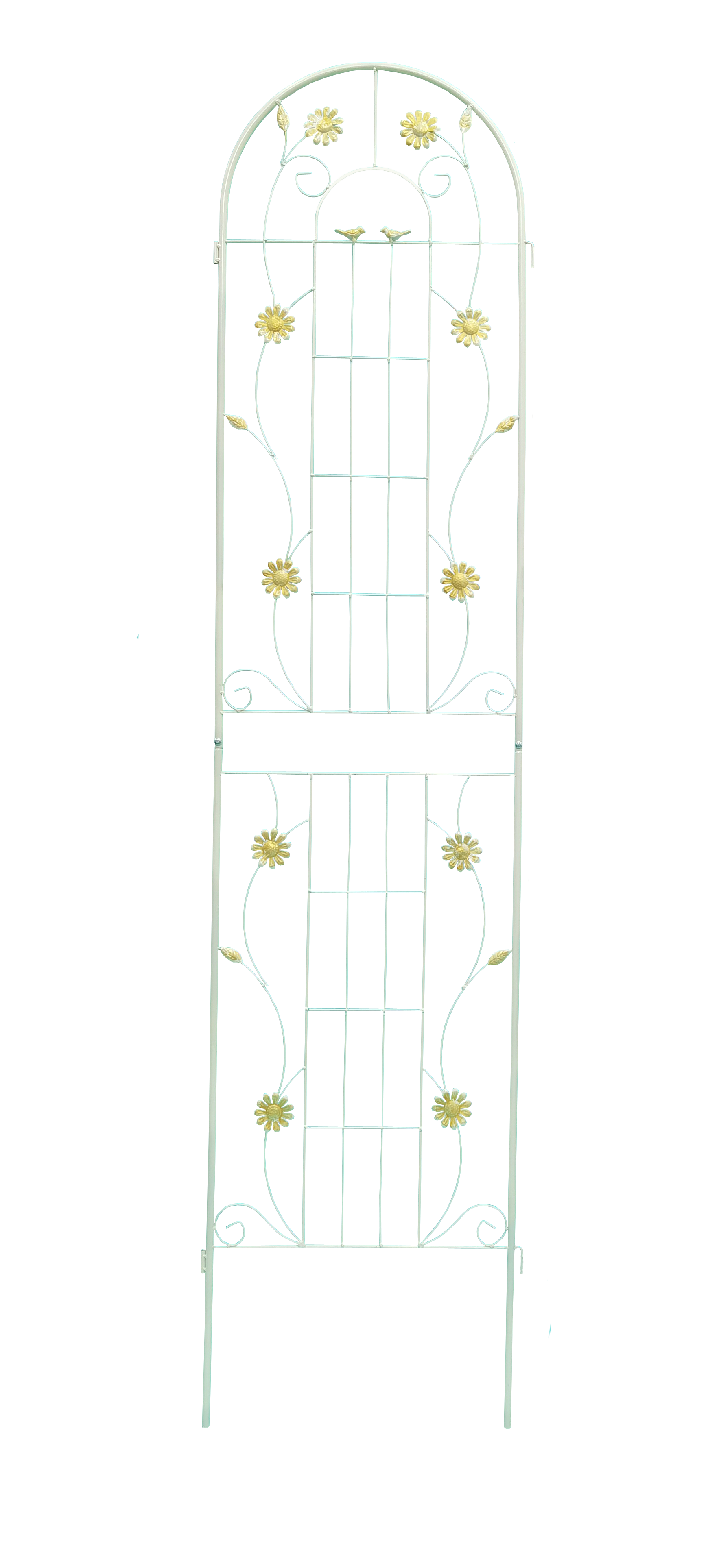 White metal garden trellis with floral accents and bird details