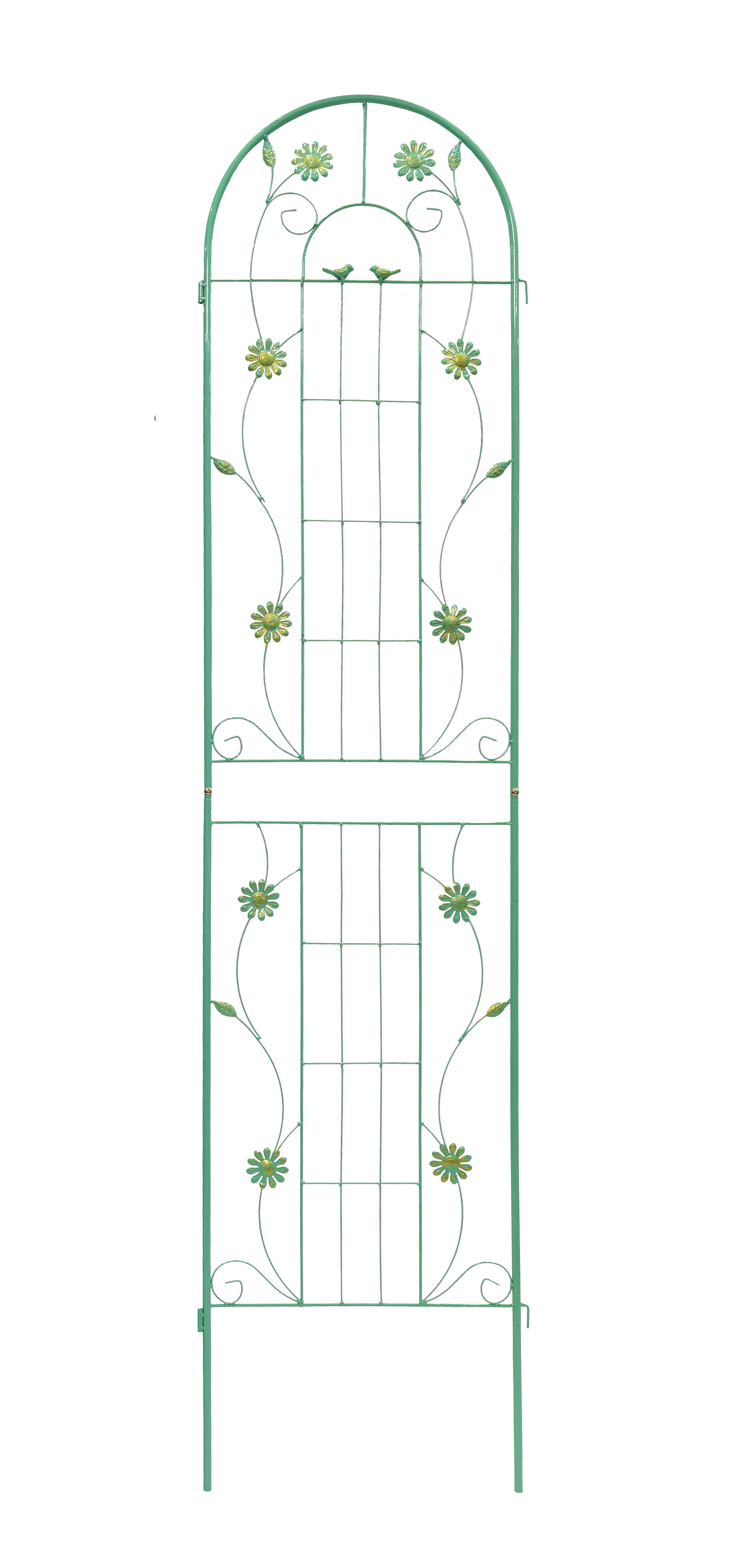 Green metal garden gate with floral and bird ornaments