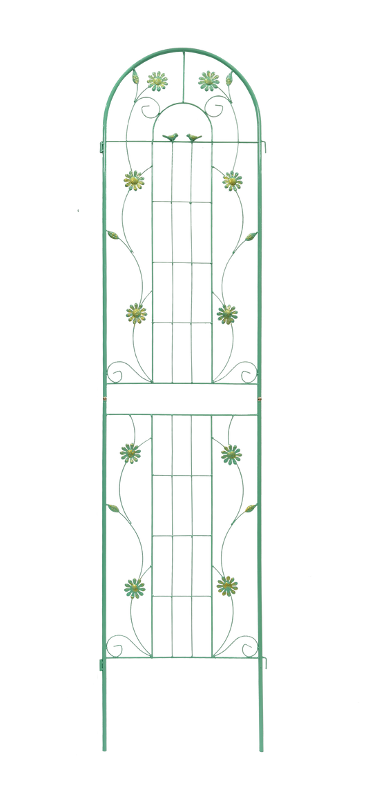 Green metal garden gate with floral and bird ornaments
