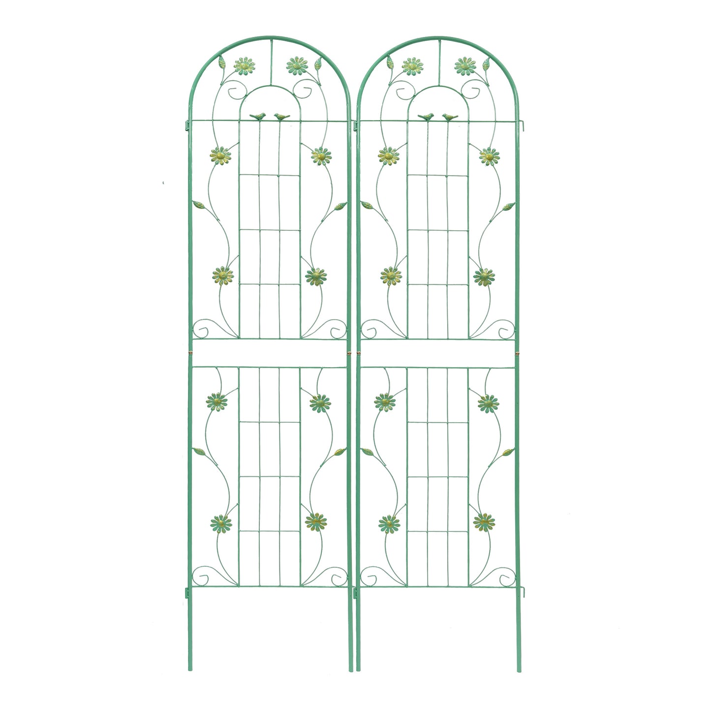 Green metal garden trellis with arched tops and floral accents