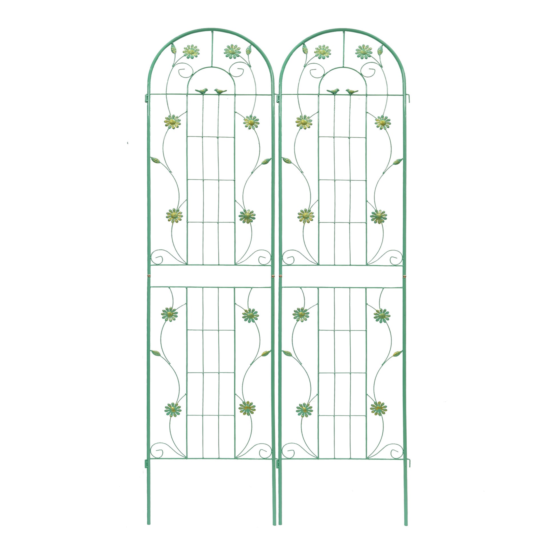 Green metal garden trellis with arched tops and floral accents