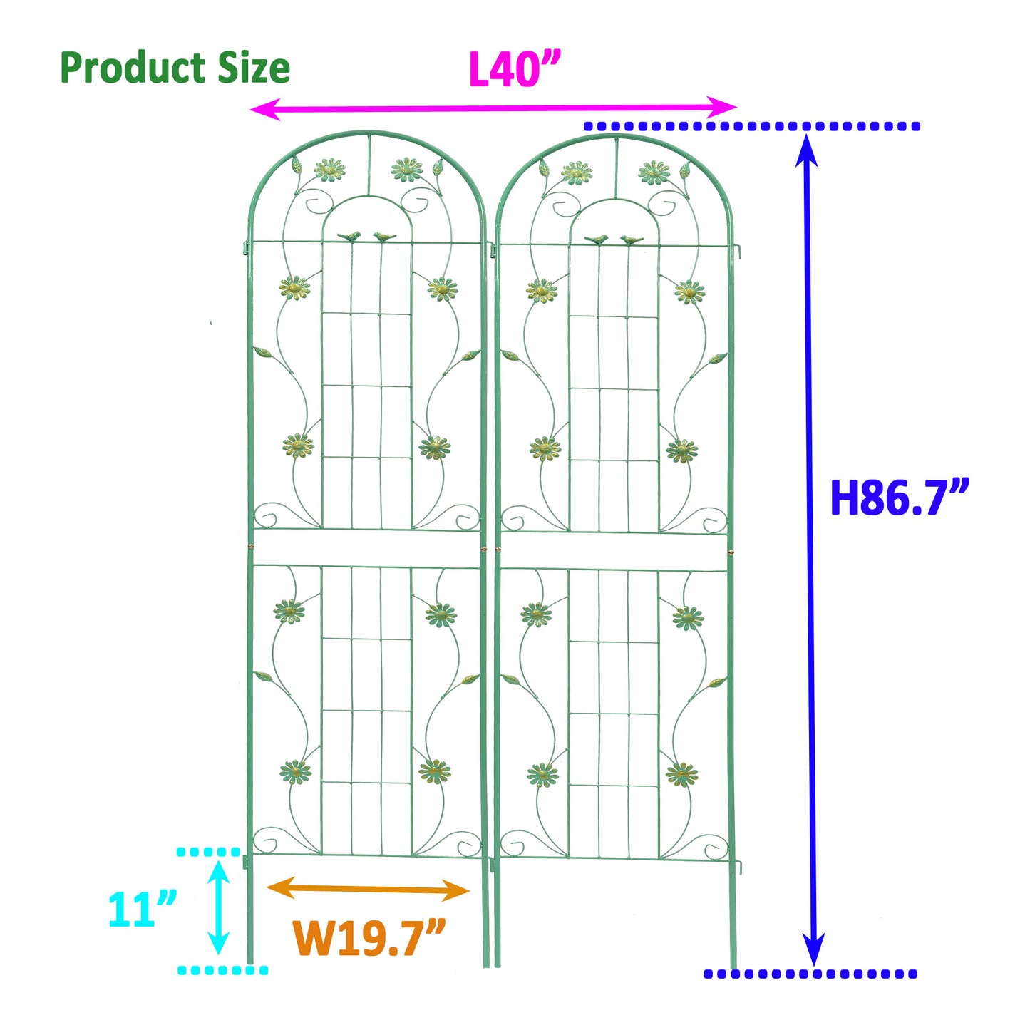 Green metal garden trellis with flower and bird designs  H x  L