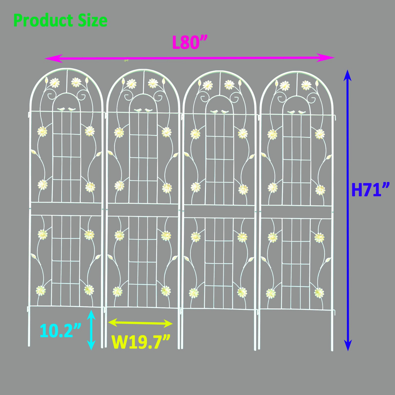 White metal garden trellis with floral and bird motifs L x H