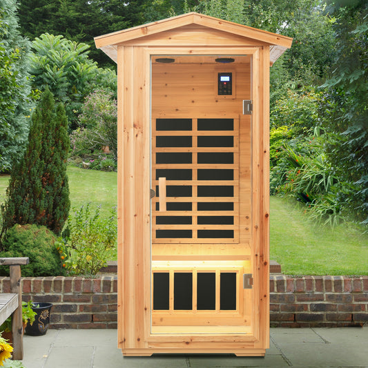 Wooden infrared sauna cabin with glass door and LED control panel