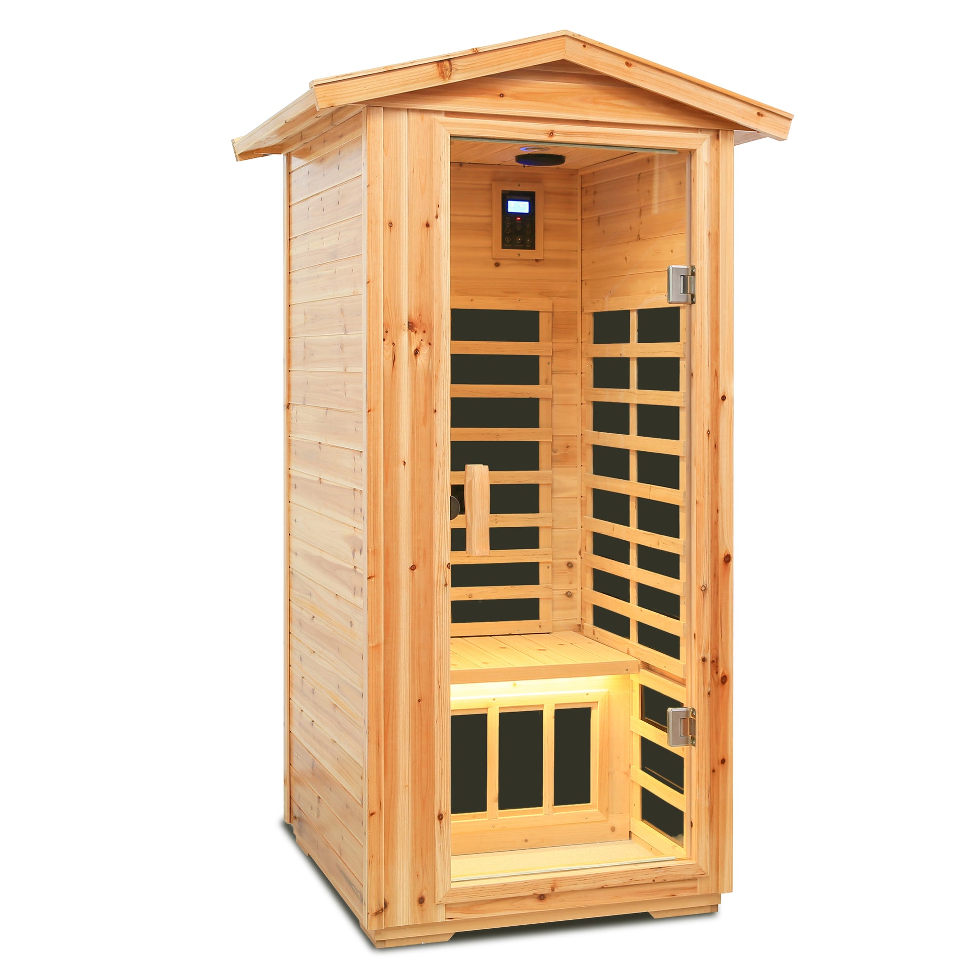 Compact cedar infrared sauna with glass door and digital control panel