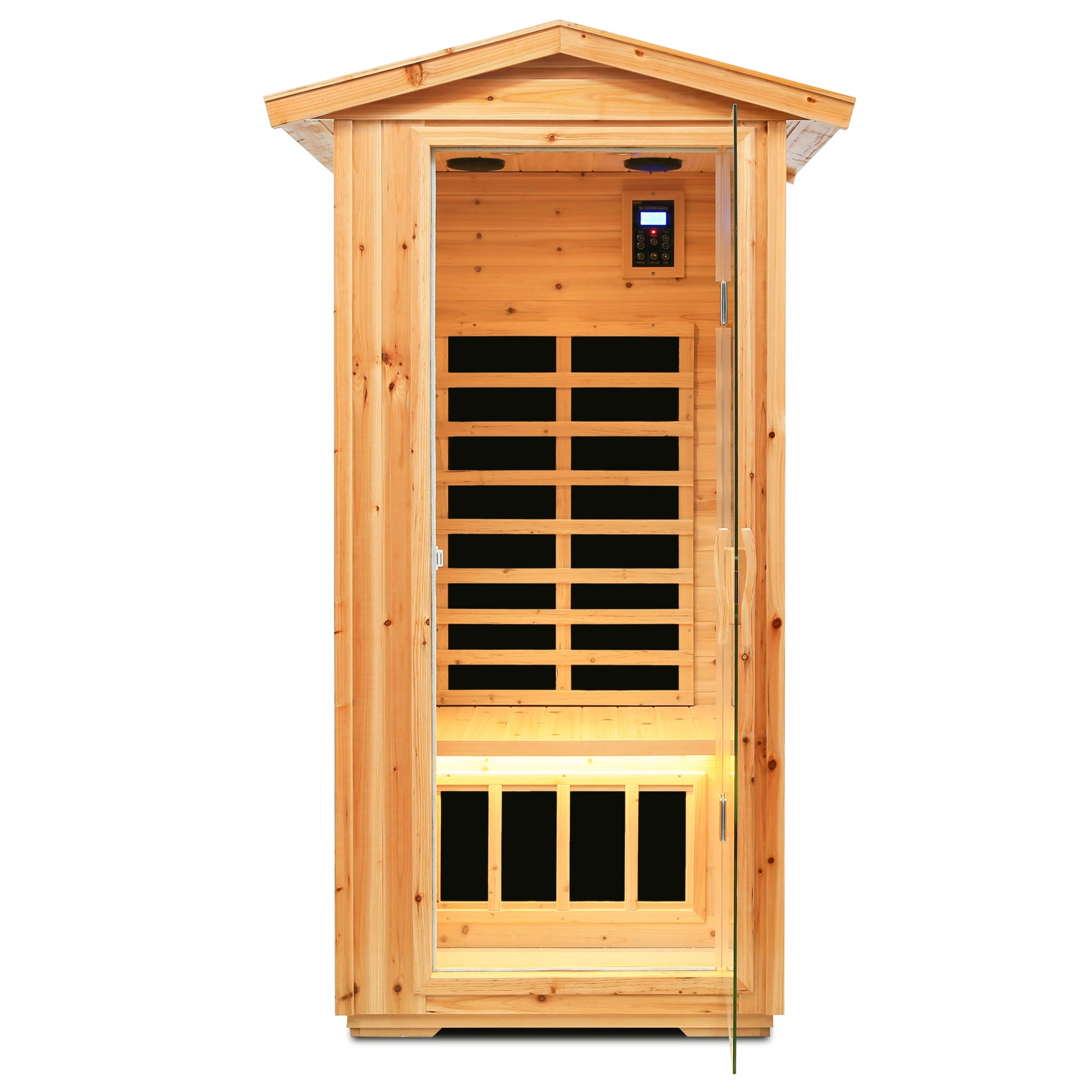 Compact wooden infrared sauna cabin with glass door and digital control panel