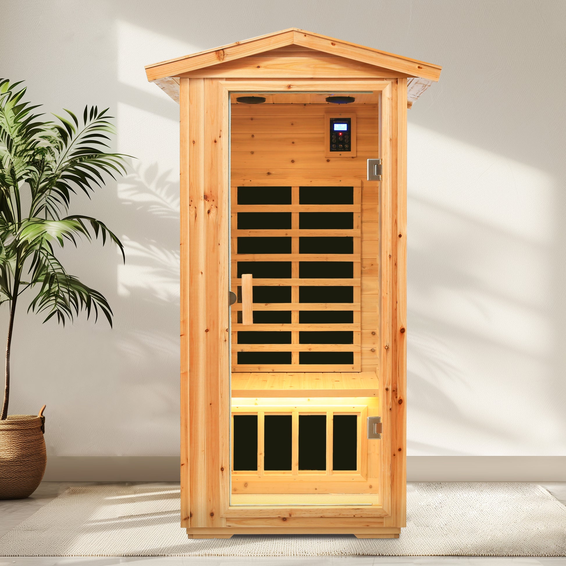 Wooden infrared sauna cabin with glass door and digital control panel