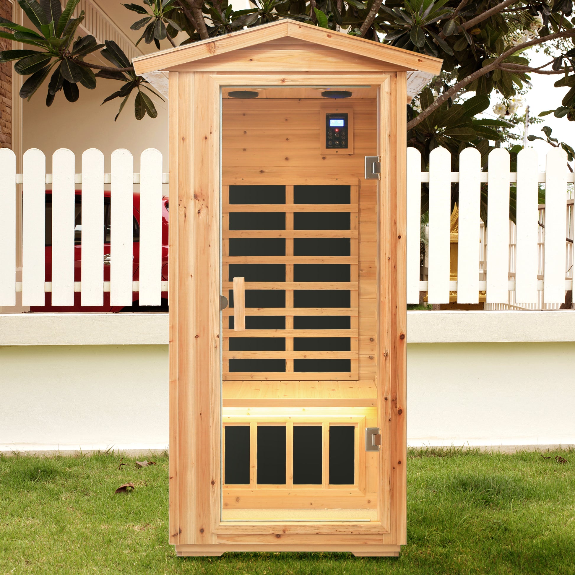 Wooden infrared sauna cabin with glass door and digital controls