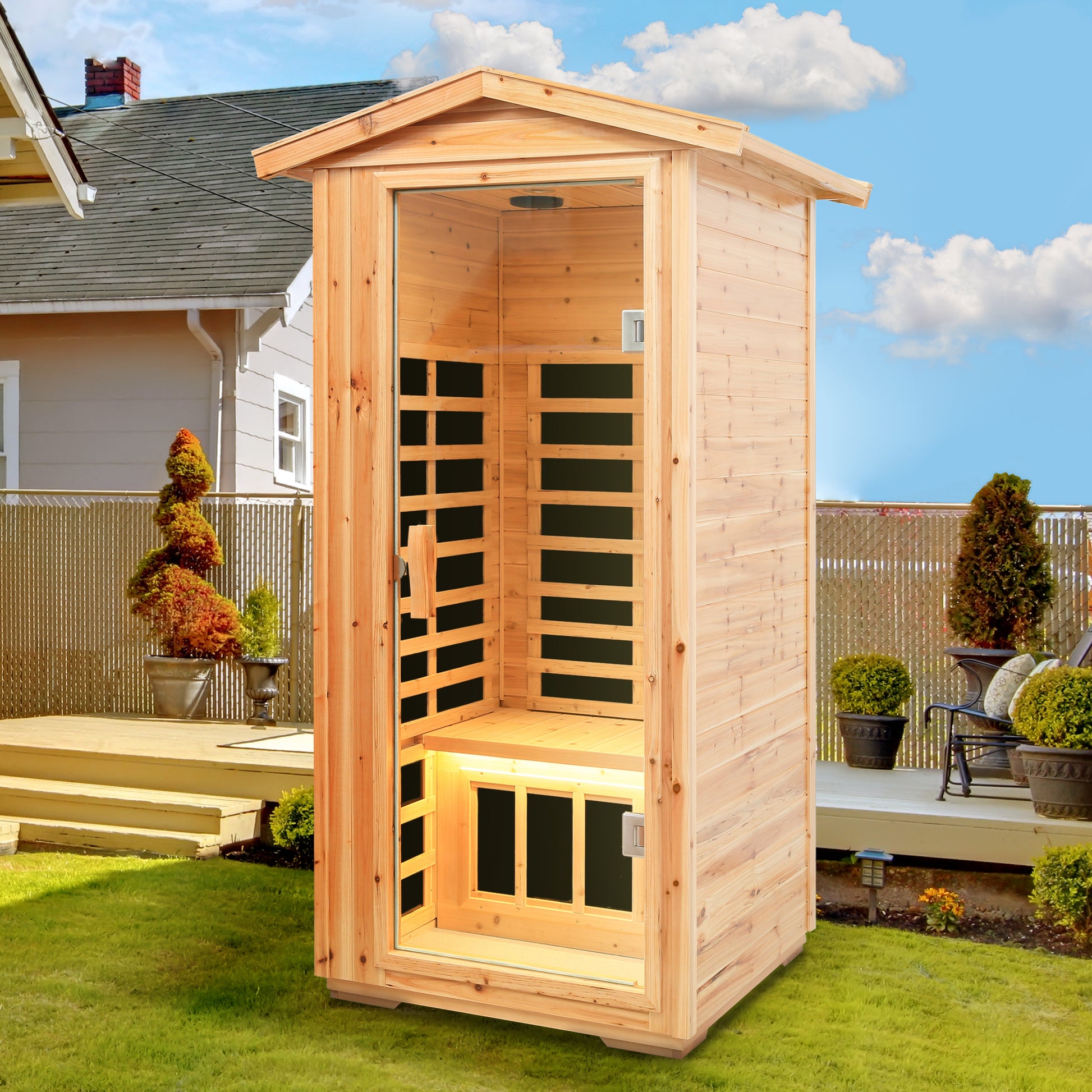Wooden infrared sauna cabin with glass door ideal for backyard relaxation