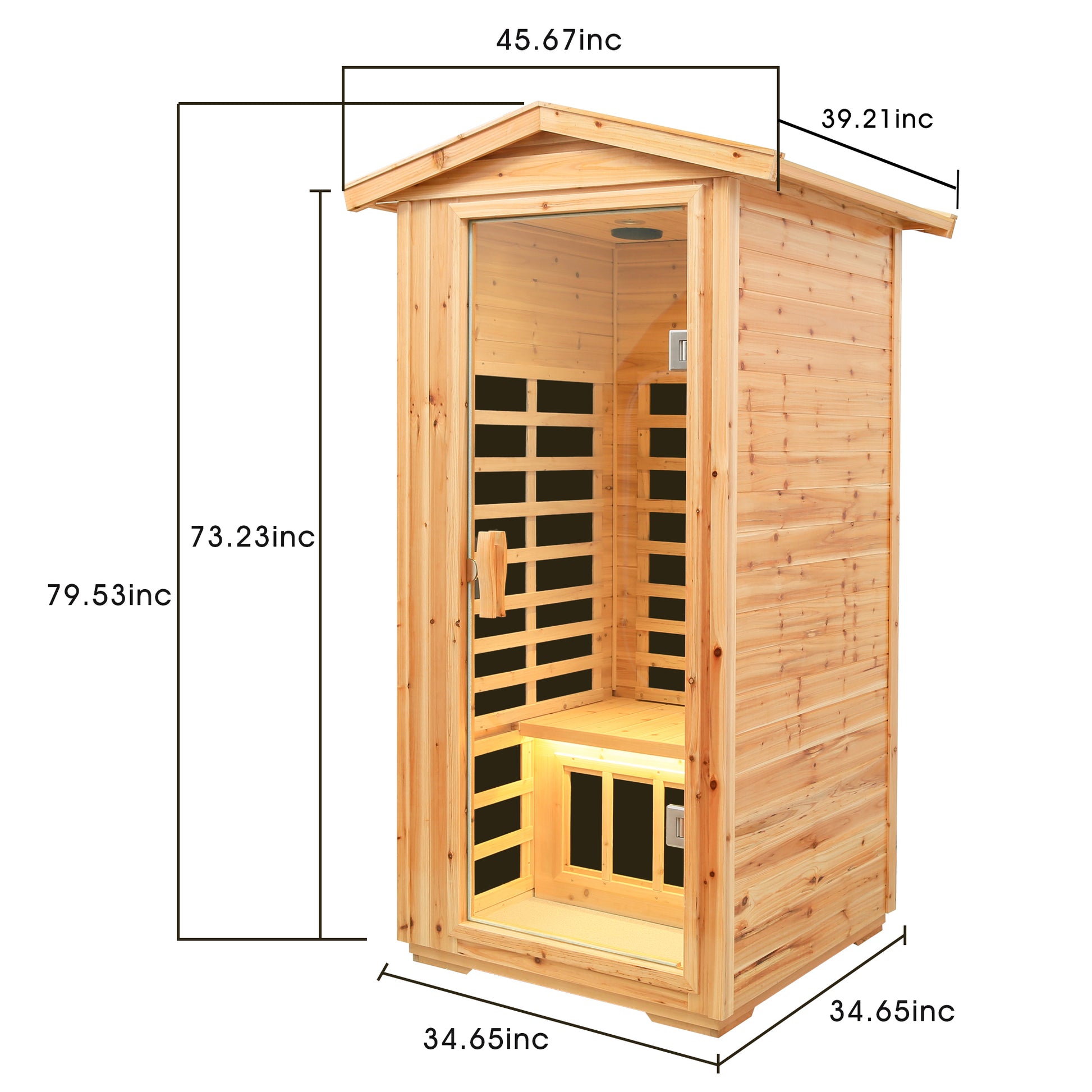 Wooden infrared sauna cabin with glass door and interior seating
