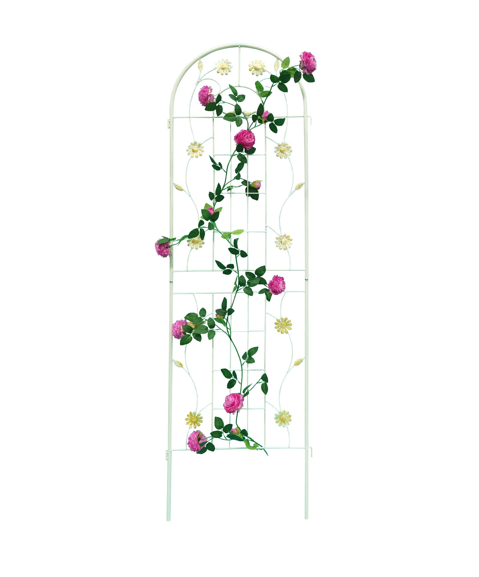 White metal garden arch trellis adorned with pink roses and yellow daisies