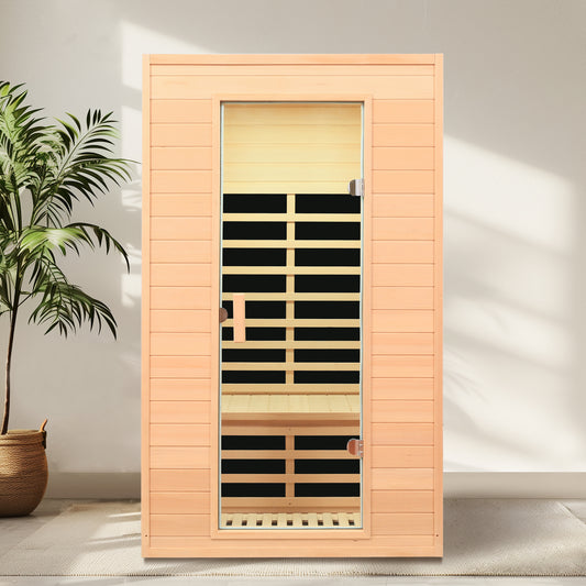 Compact wooden infrared sauna with glass door and interior seating