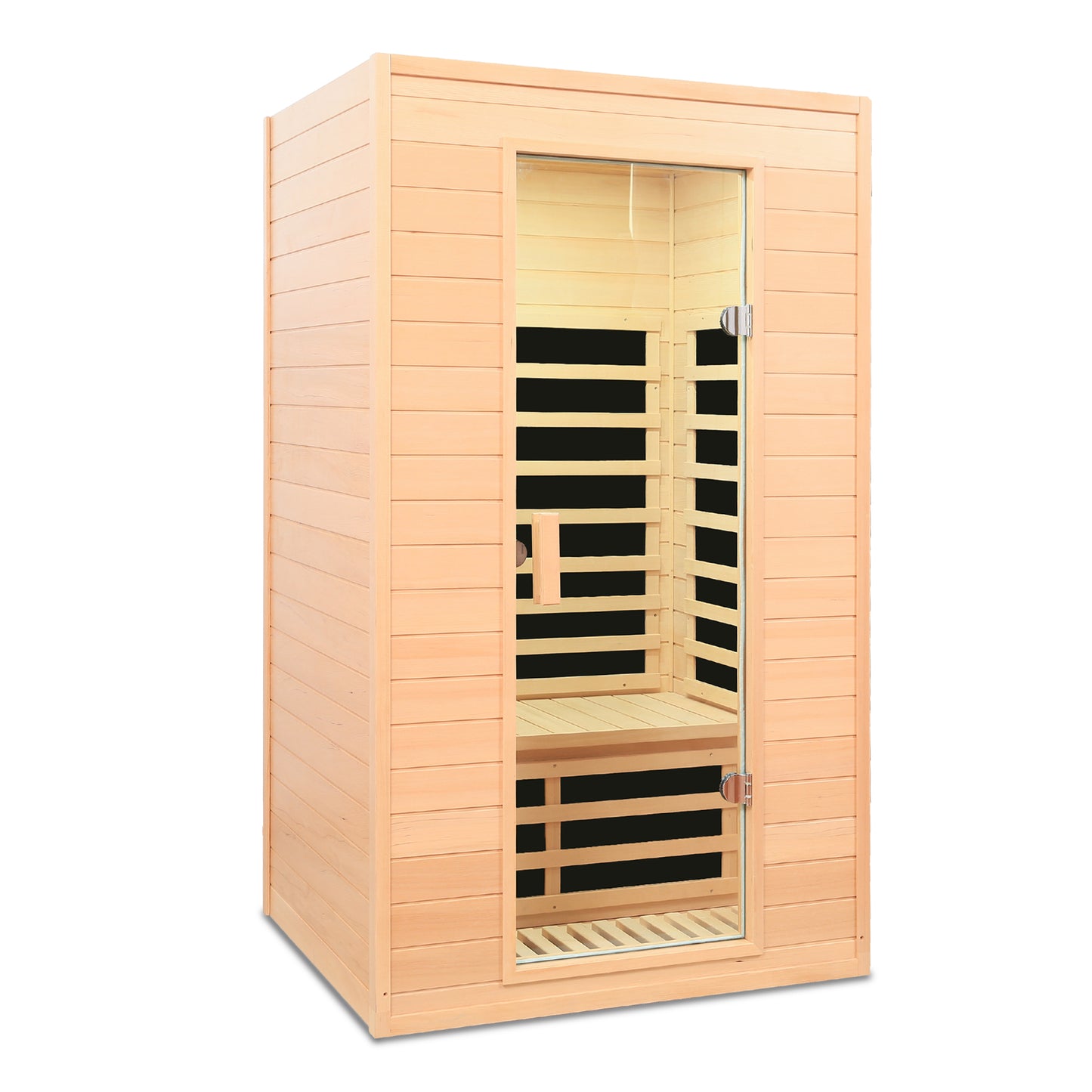 Compact wooden infrared sauna with glass door perfect for home relaxation