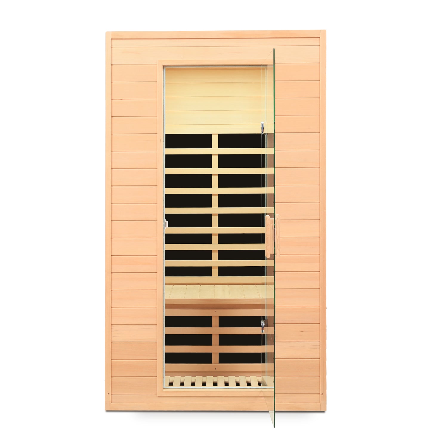 Modern person infrared sauna with glass door and natural wood interior
