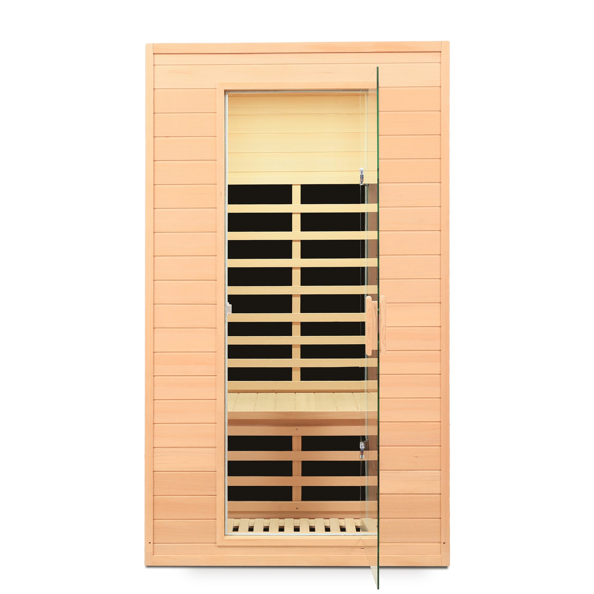 Modern person infrared sauna with glass door and natural wood interior