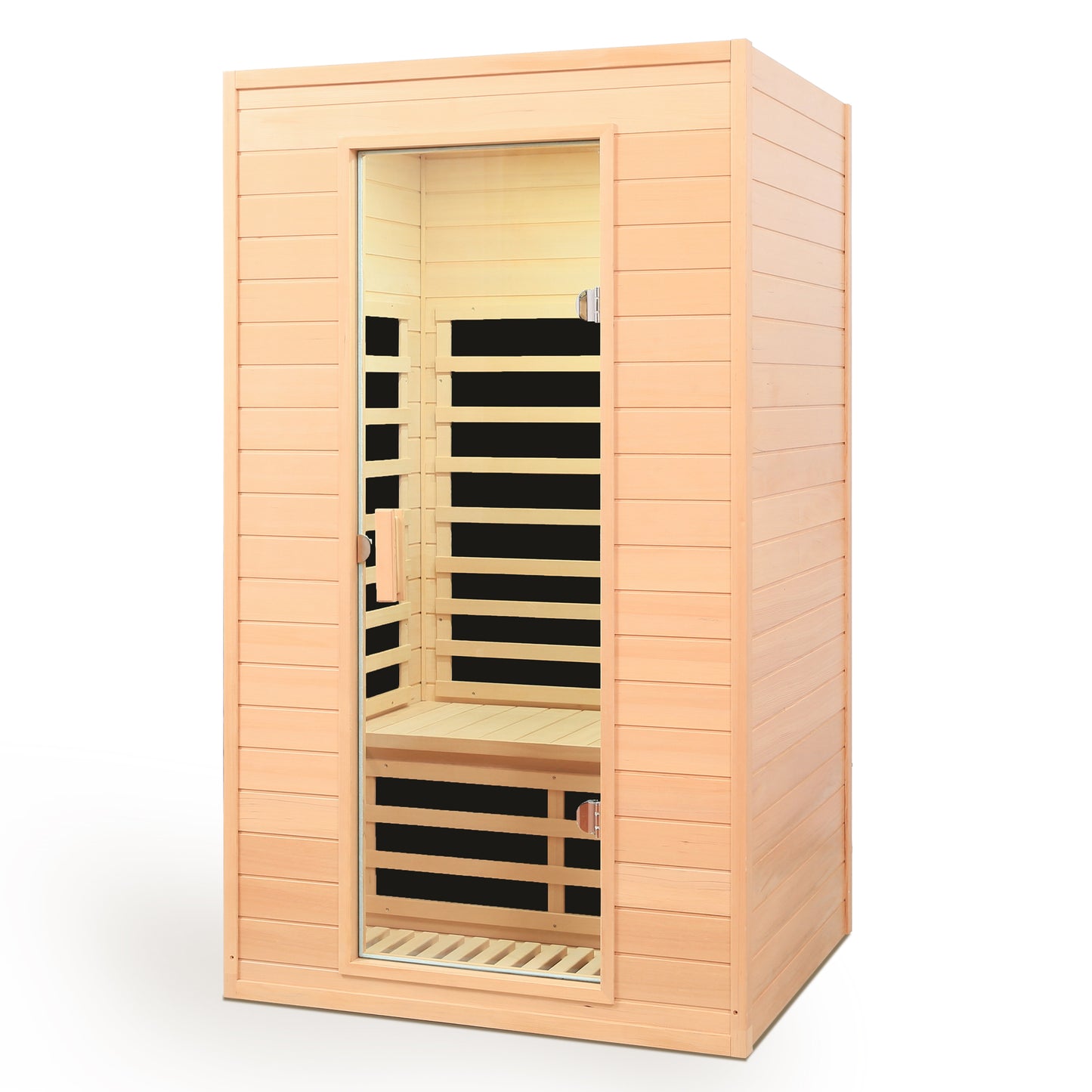 Compact infrared sauna cabin with natural wood exterior and clear glass door