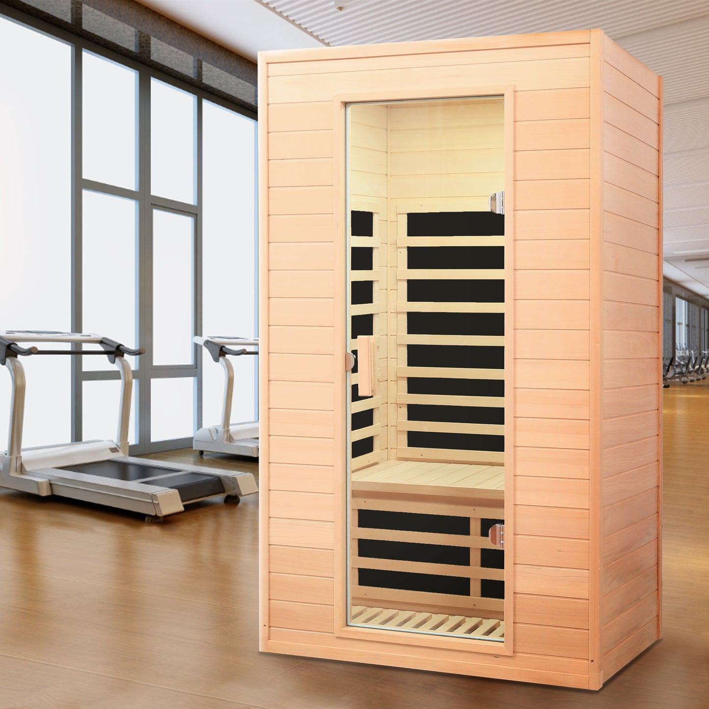 Compact wooden infrared sauna cabin with glass door perfect for home relaxation