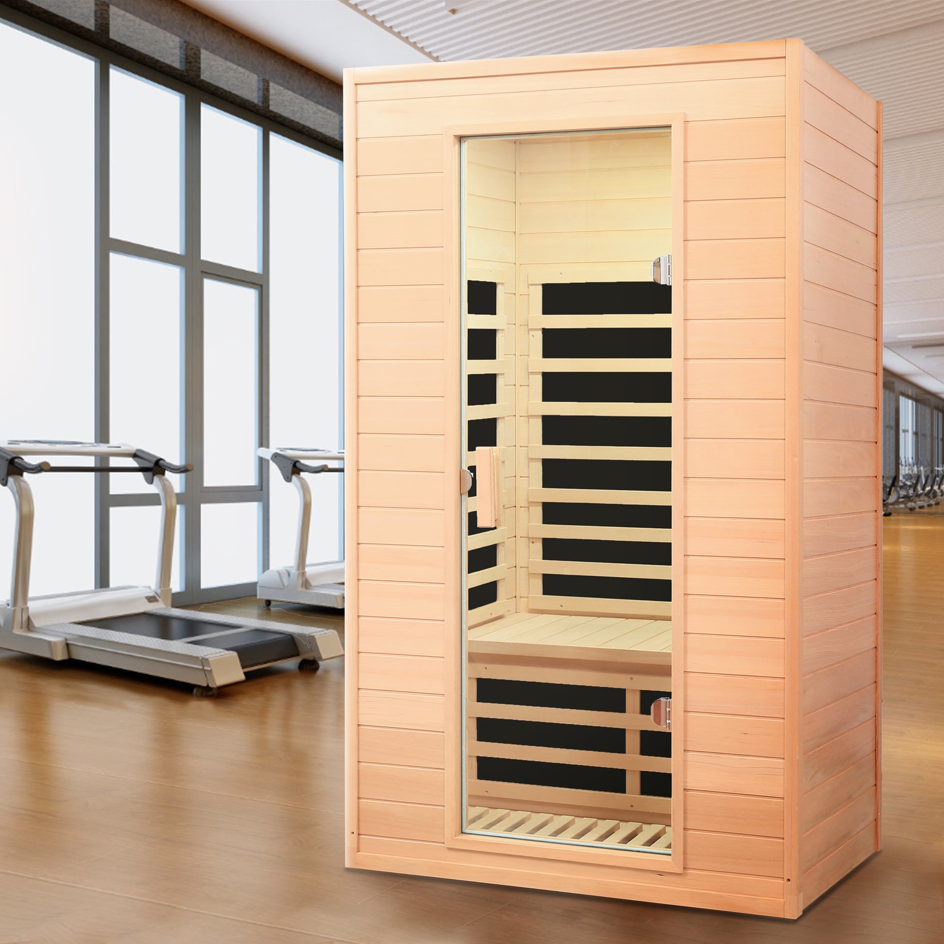 Compact wooden infrared sauna cabin with glass door perfect for home relaxation