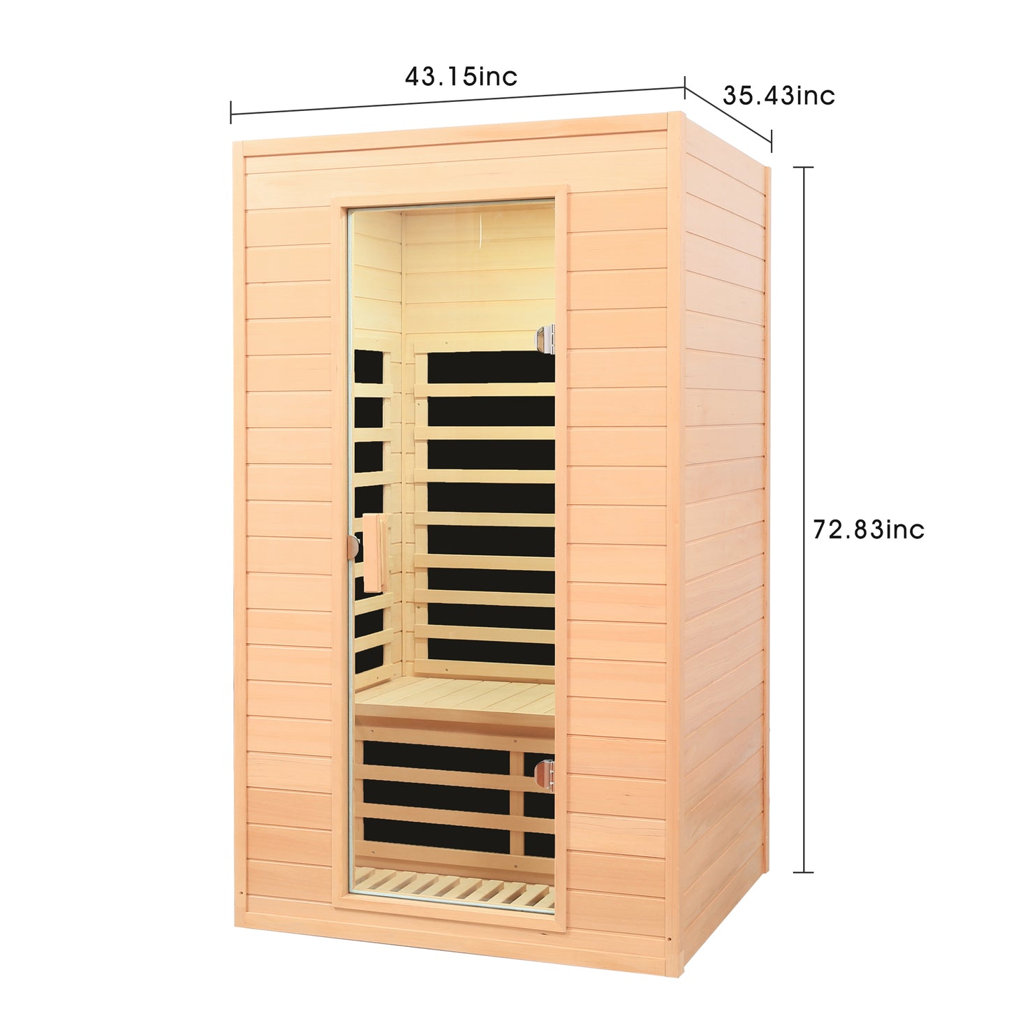 Modern wooden infrared sauna cabin with glass door featuring slatted benches inside