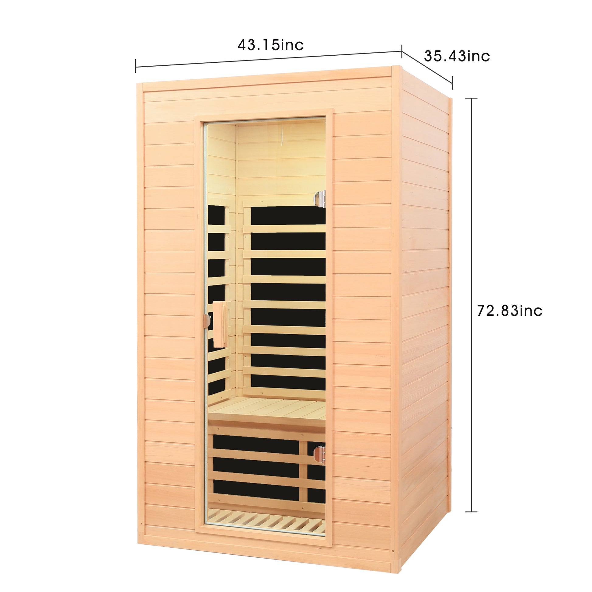 Modern wooden infrared sauna cabin with glass door featuring slatted benches inside