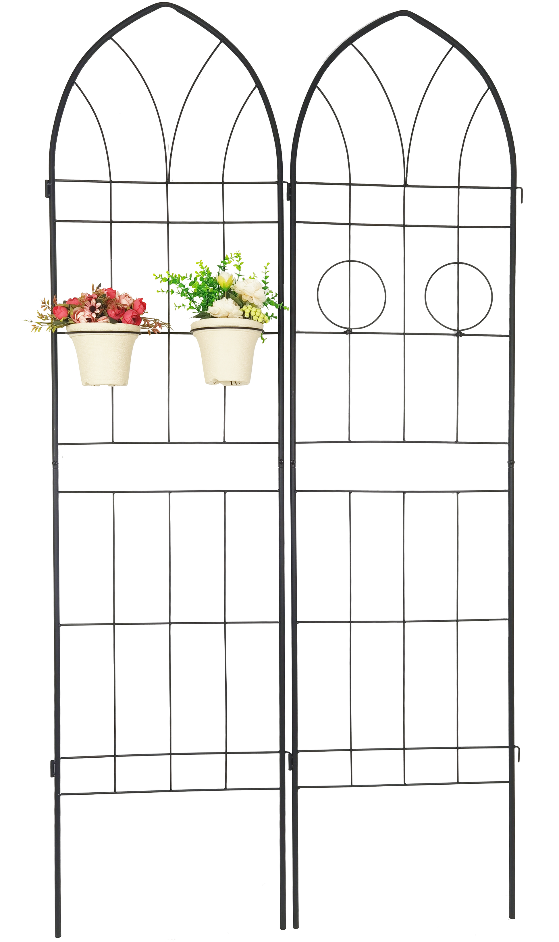 Black metal garden arch trellis with ornate top and two white planters holding flowers