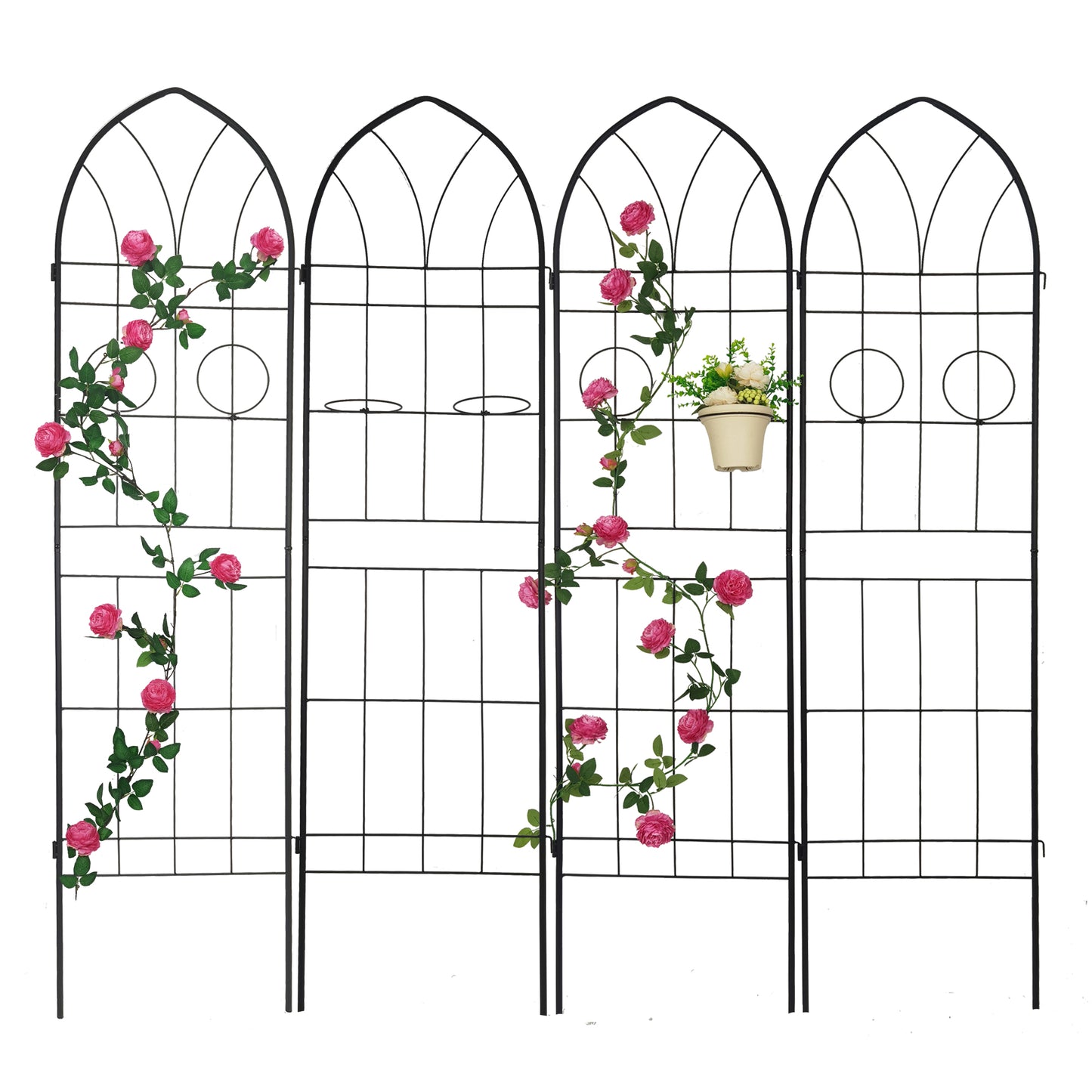 Black metal garden trellis with climbing pink roses gothic arch design