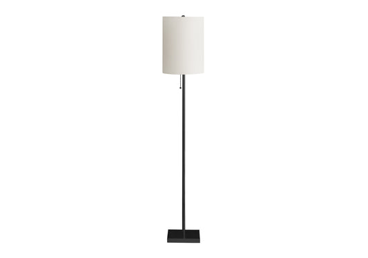 Modern black metal floor lamp with white linen shade and pull chain